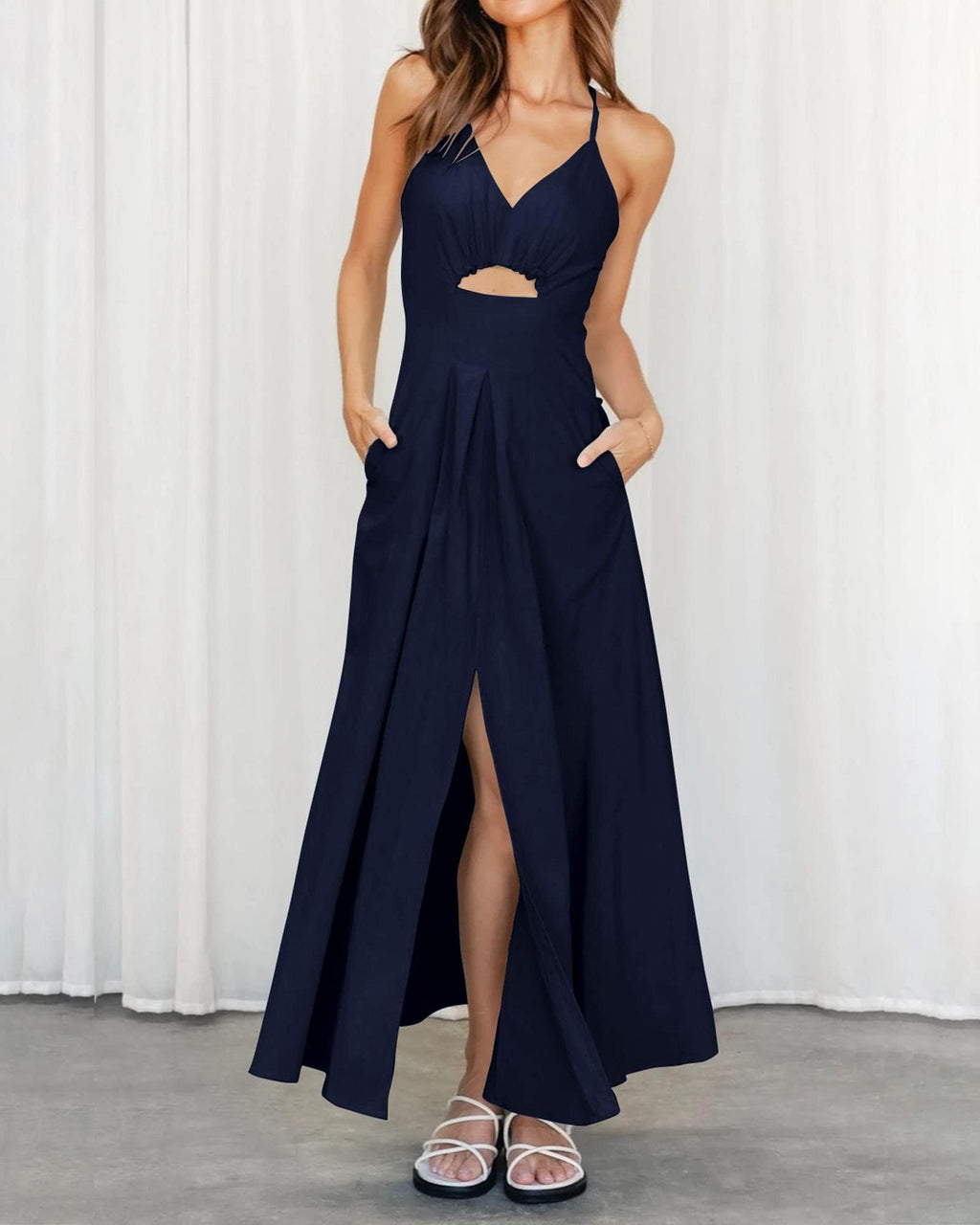 BTFBM Women Spaghetti Strap Midi Summer Dresses Sleeveless V Neck Cutout Slit Casual Beach Party Maxi Dress Pockets