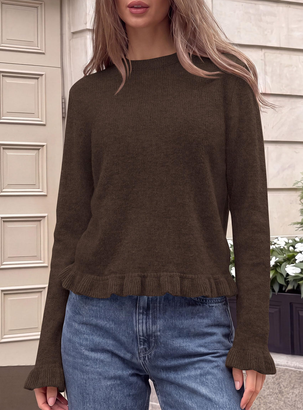 PRETTYGARDEN Women's Ruffle Sweaters Fall Fashion Cozy Knit Pullover Soft Stretchy, Crewneck Long Sleeve, Cute Peplum Tops, Dressy Casual Blouses, Going Out Holiday, Trendy Winter Outfits
