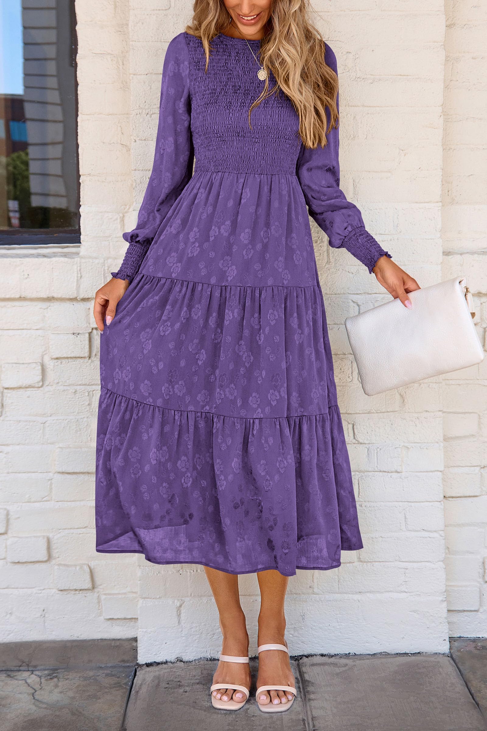 PRETTYGARDEN Women's Fall Spring Midi Dress Long Sleeve Floral Smocked Elegant Wedding Guest Long Flowy Dresses with Pockets