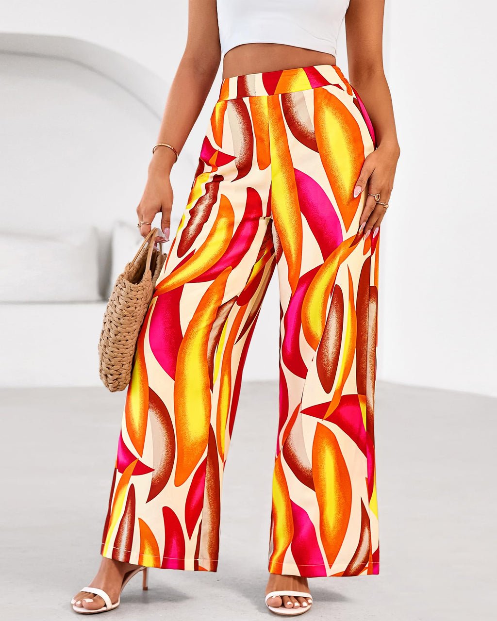 FreshPretty Womens Wide Leg Summer Pants Boho Beach Vacation Loose Elastic Waist Printed Palazzo Pant Pockets