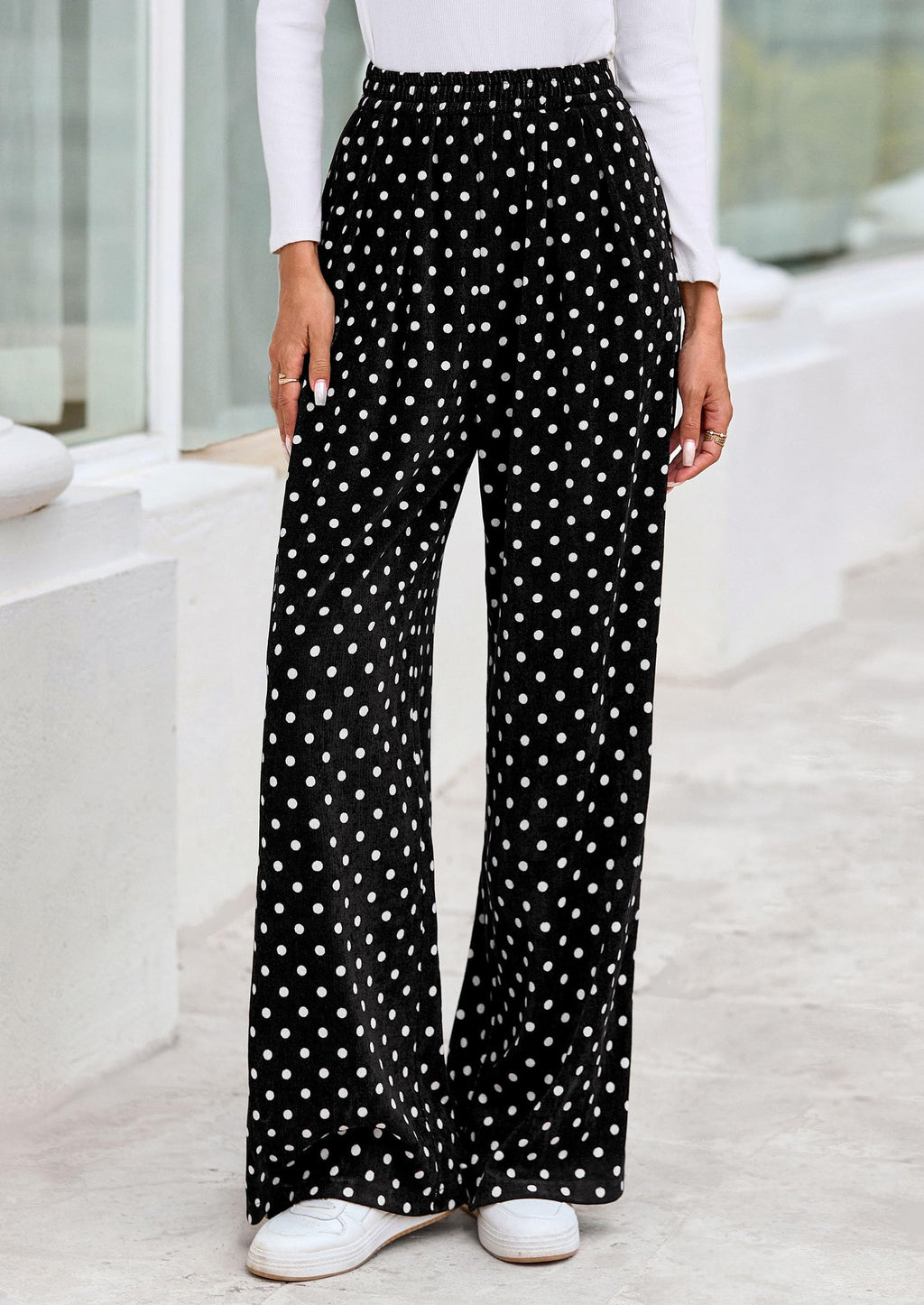 PRETTYGARDEN Casual Women's Pants Elastic Waist Palazzo Long Pajama Wide Leg Trousers Knit Fall Outfits with Pockets