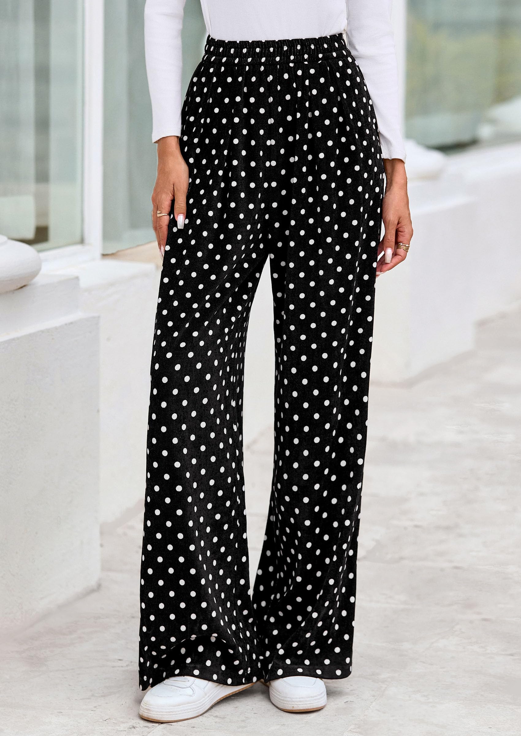 PRETTYGARDEN Casual Women's Pants Elastic Waist Palazzo Long Pajama Wide Leg Trousers Knit Fall Outfits with Pockets