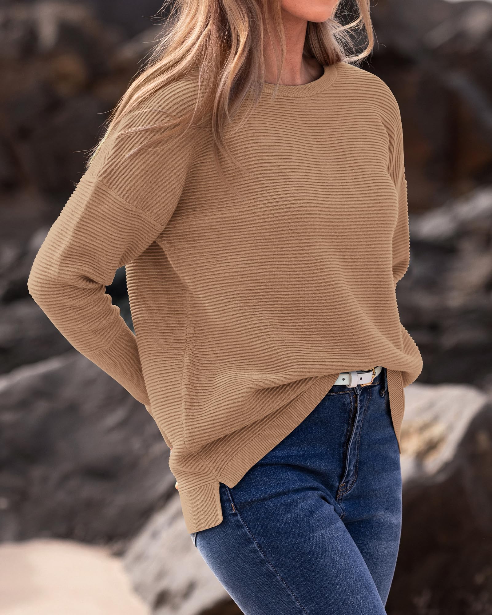 FreshPrettyFall Sweaters for Women Casual Long Sleeve Sweater Striped Loose Fit Pullover Tops