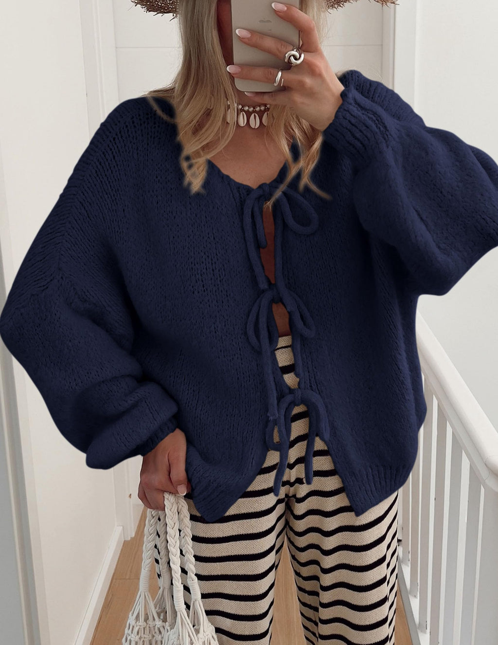 PRETTYGARDEN Women's Tie Front Bow Cardigan Sweaters Chunky Knit Long Puff Sleeve Trendy Fall Winter Jacket Coat