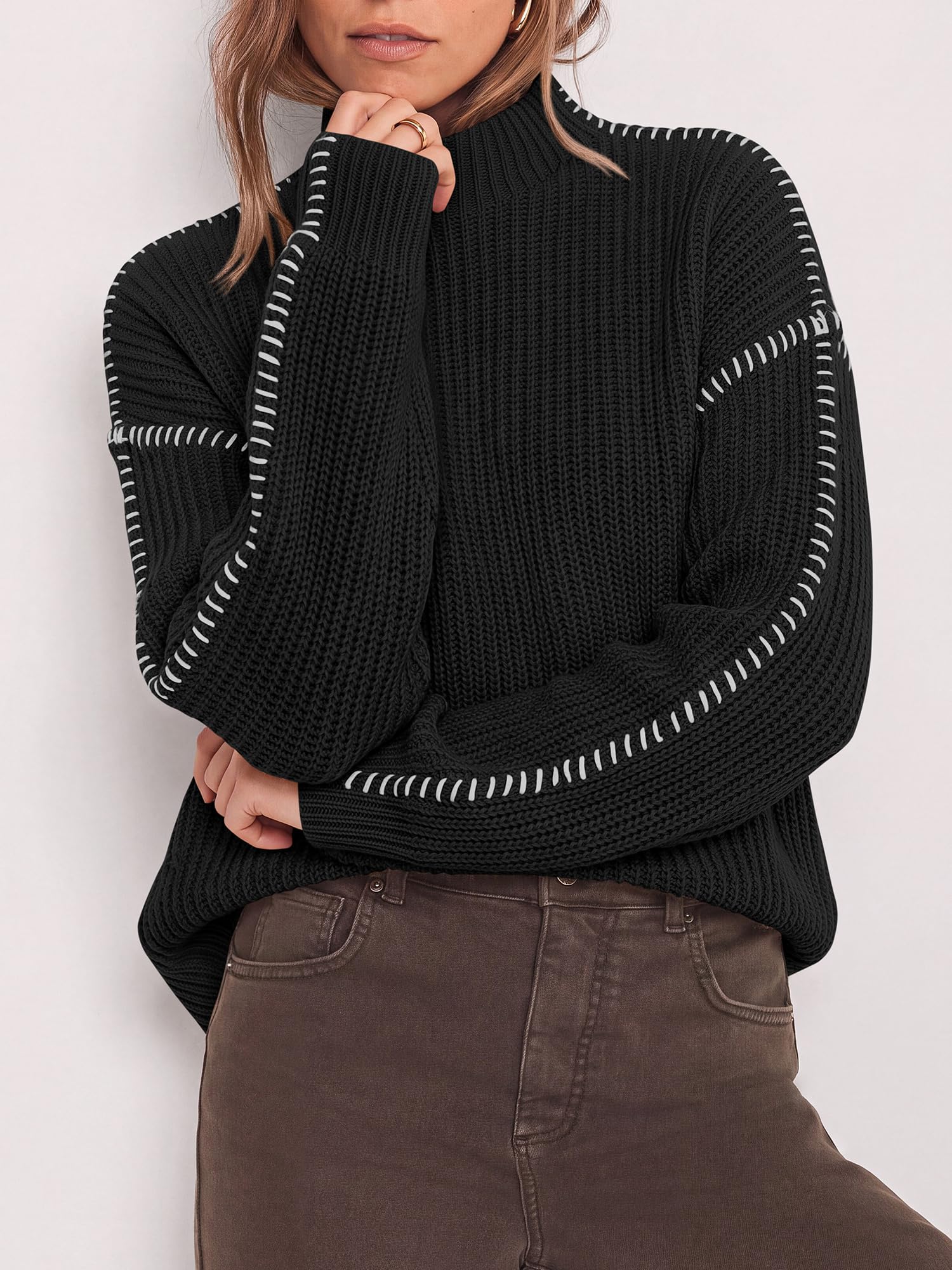 "BTFBM Womens Oversized Sweaters Contrast Chunky Knit Sweater Loose Fit Mock Neck Long Sleeve Tops, Soft Cozy Knitwear, Fall Fashion 2026, Casual Winter Clothing, Daily Going Out Outfits"