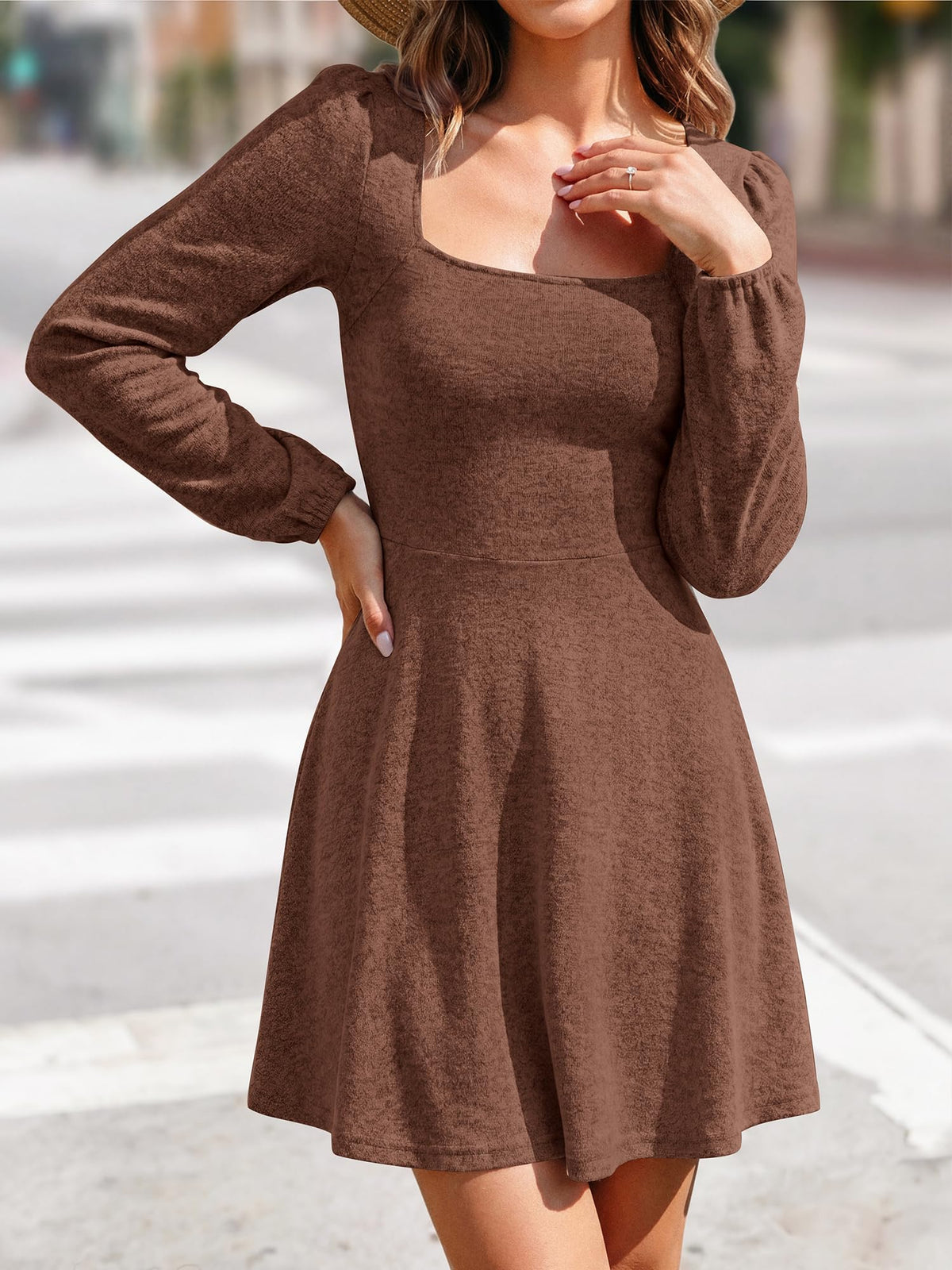 FreshPretty Womens Long Sleeve A Line Knit Mini Dress,Lightweight Square Neck Cute Short Dresses, High Waist, Fit And Flare, Fall Fashion Casual Holiday Cocktail Party Outfits