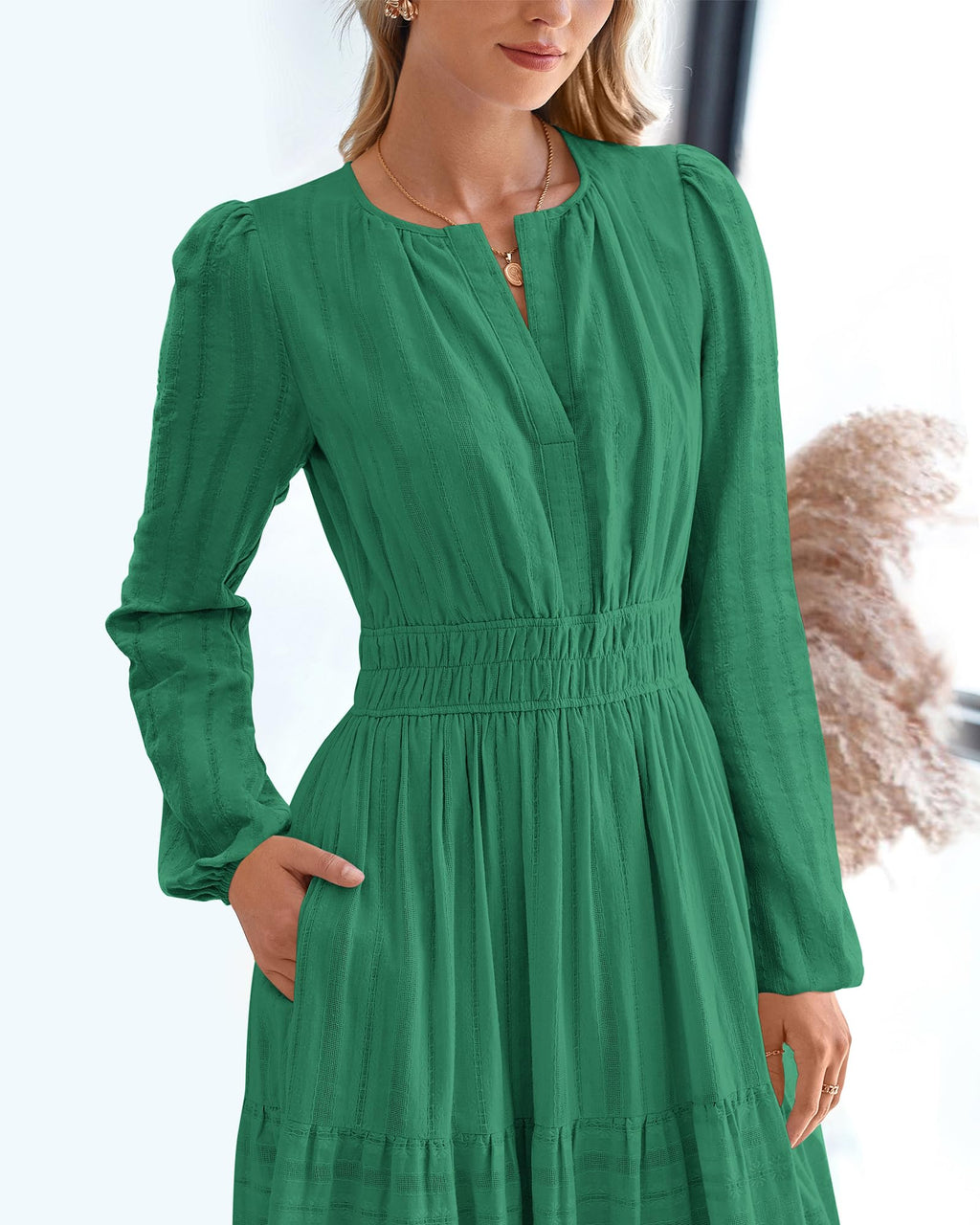BTFBM Spring Dresses for Women 2026 Casual Long Sleeve V Neck Elastic Waist Lightweight Maxi Wedding Guest Dress Pockets