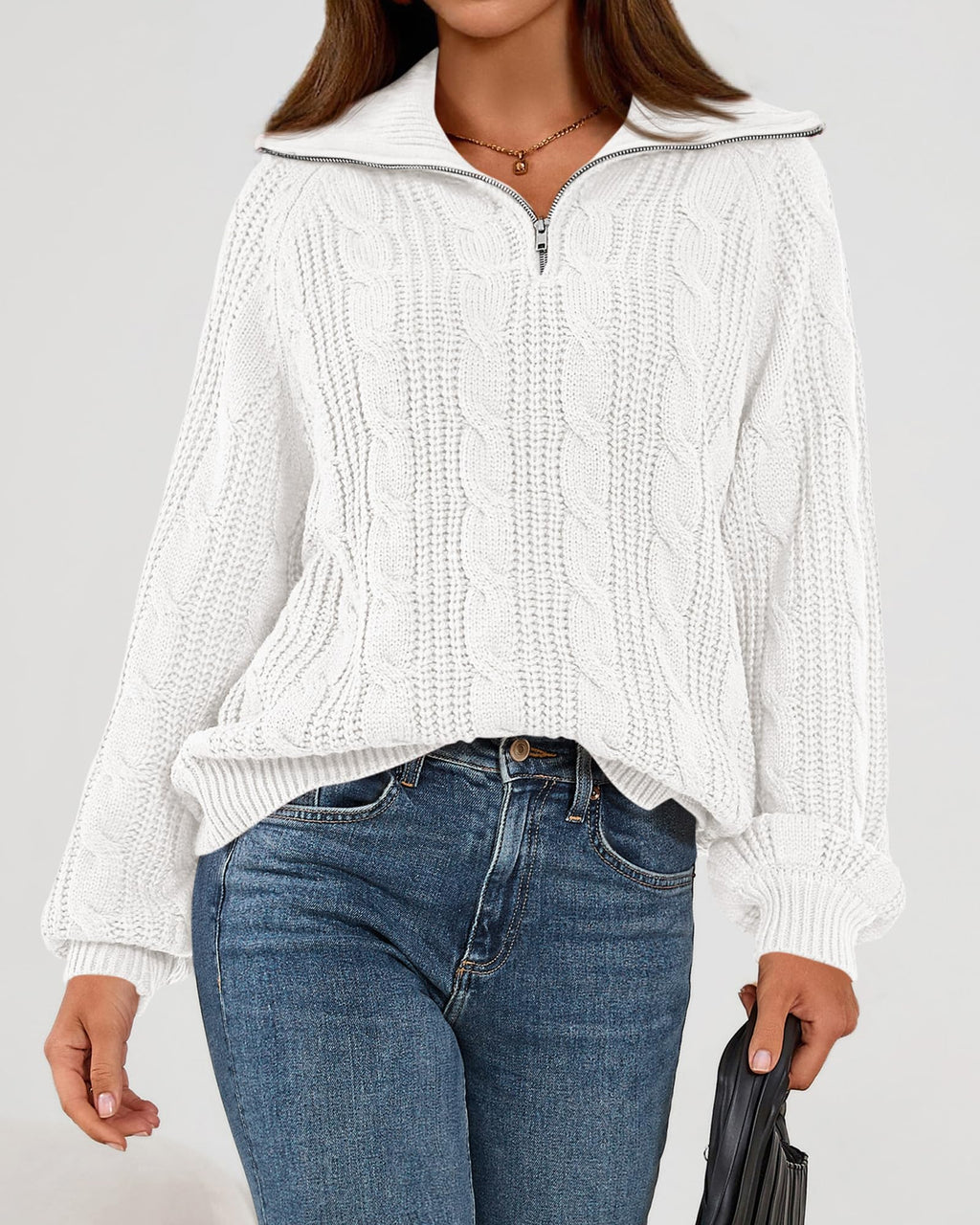 BTFBM Sweaters for Women Fall Fashion Loose Quarter Zip Pullover Collared Long Sleeve Cable Knit Winter Clothes