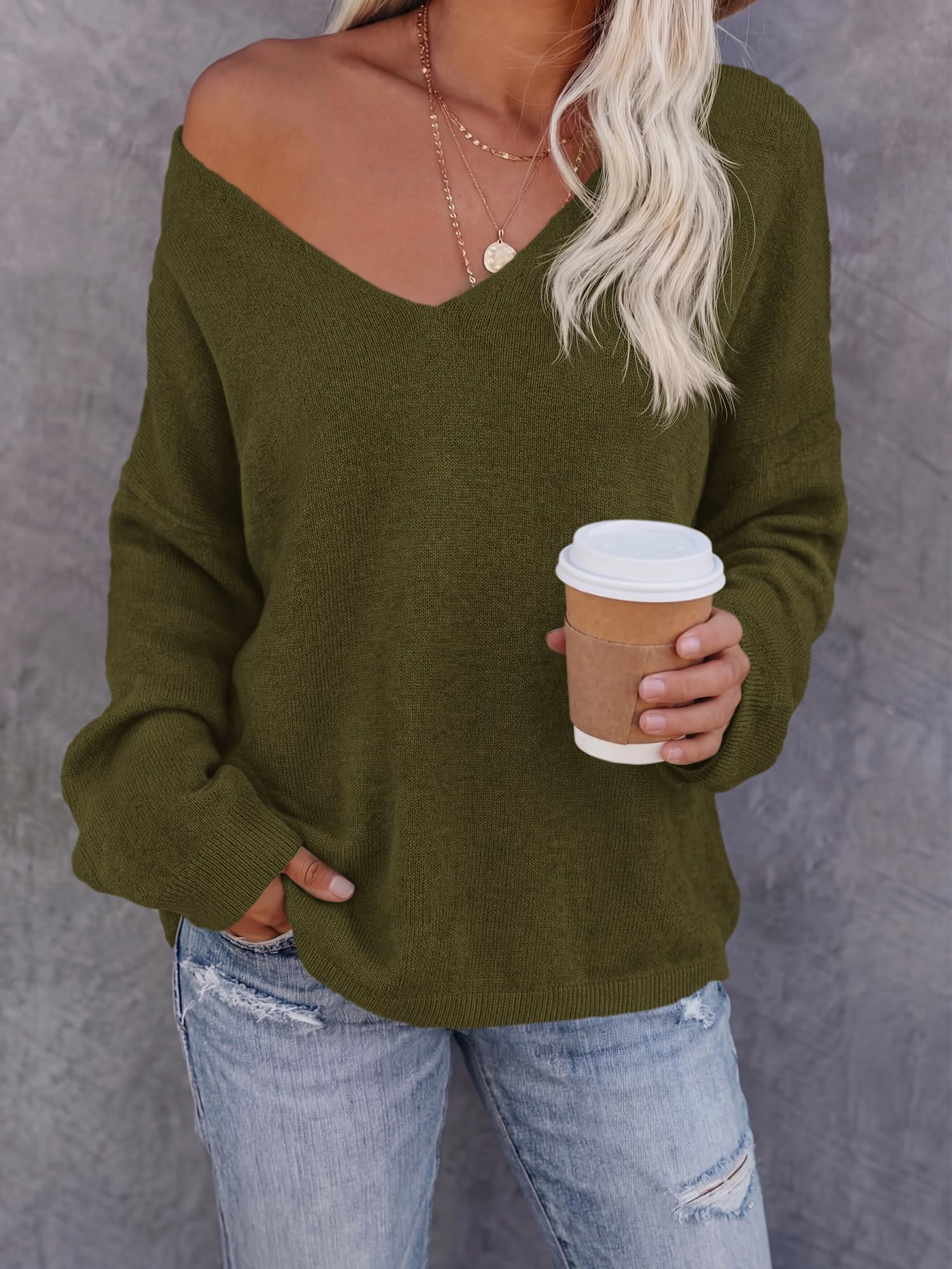 BTFBM Women's Loose Knitted Casual Sweaters | V Neck,Long Sleeve Sweater,Slouchy Pullover Tops,Fall Winter Clothes