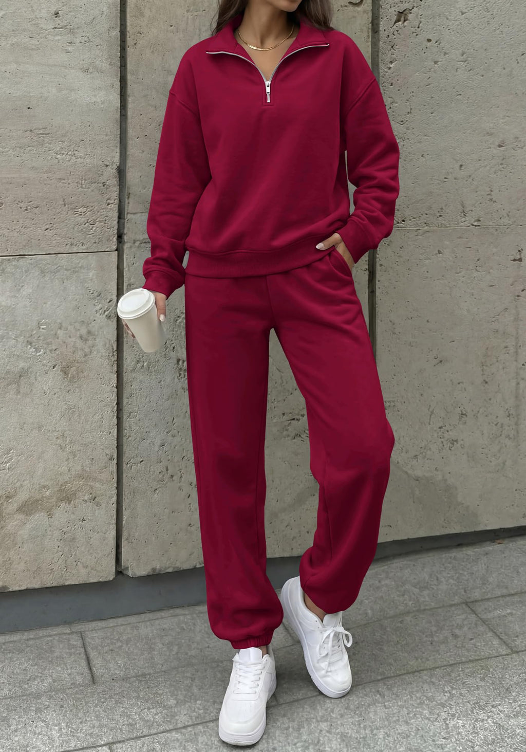 BTFBM Womens 2 Piece Outfits Sweatsuit Fleece Lounge Sets Quarter Zip Pullover Sweatshirt,Baggy Jogger Sweatpants,Fall Fashion Clothing,Airport Travel Matching Sweat Set