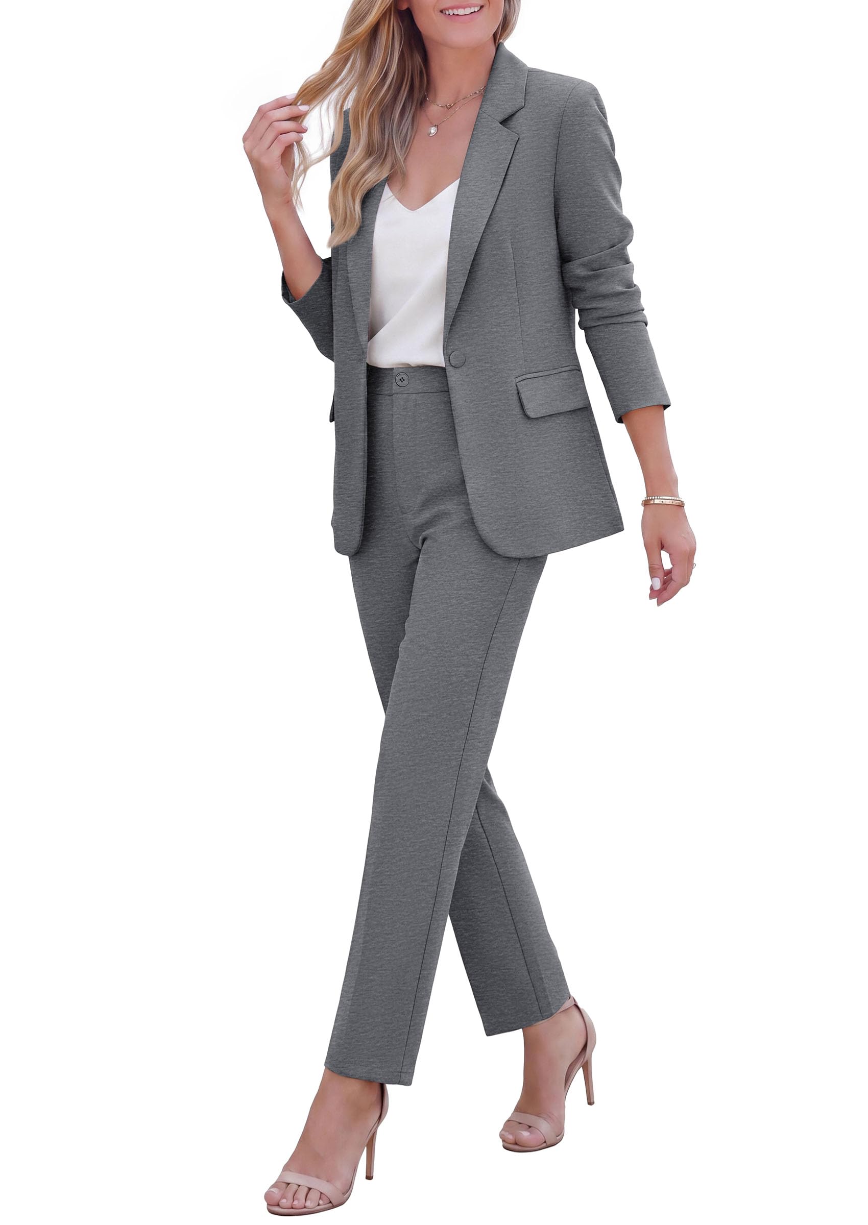 PRETTYGARDEN Two Piece Sets for Women Dressy Pant Suits Lapel Blazer,Straight Leg Dress Pants,Professional Interview Suit Set,Business Casual Outfits,Office Work Clothes,Fall Winter