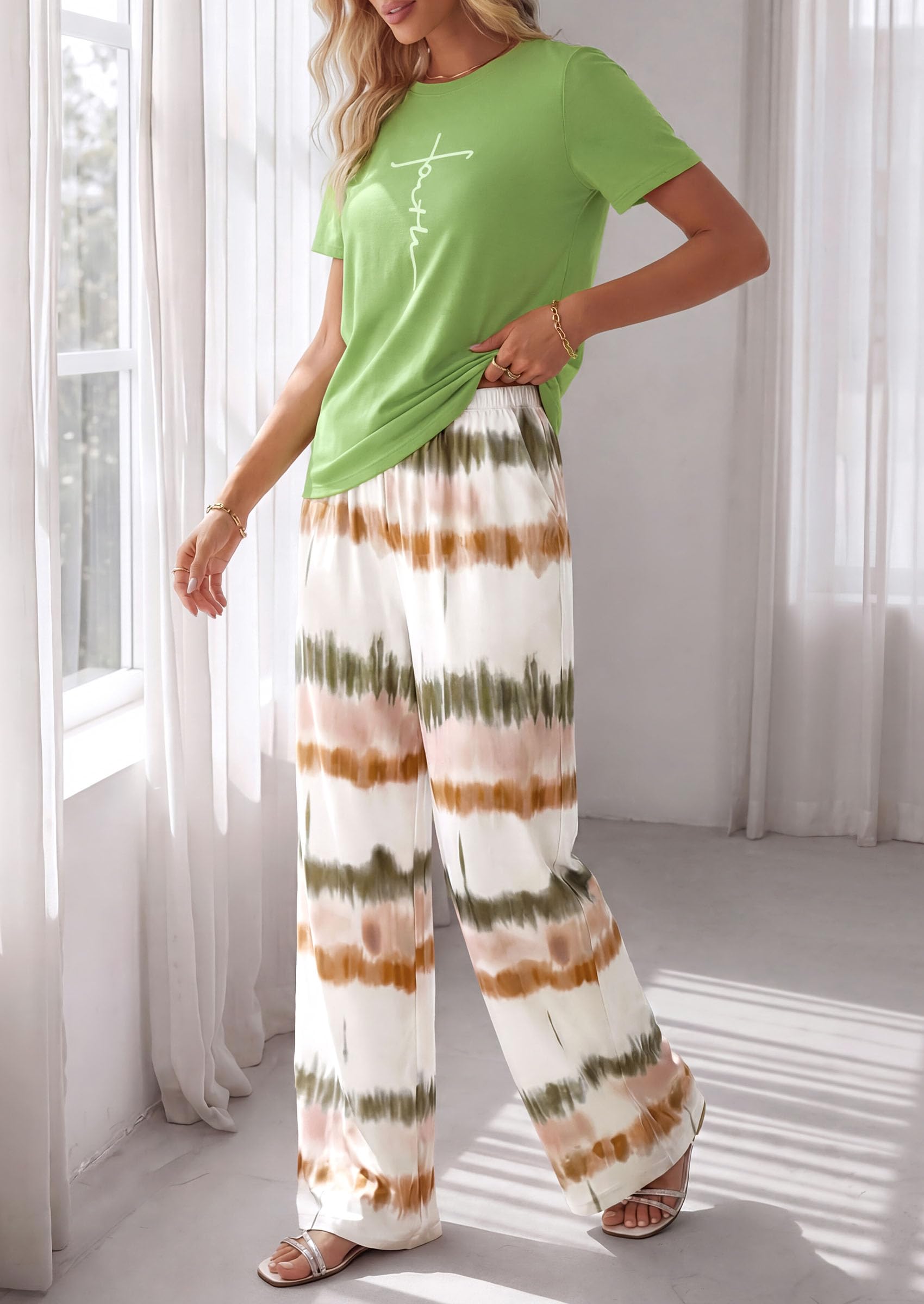 PRETTYGARDEN Womens Pajama Sets 2 Piece Lounge PJ Set Summer Soft Sleepwear Short Sleeve Top Loose Pants Spring Outfits