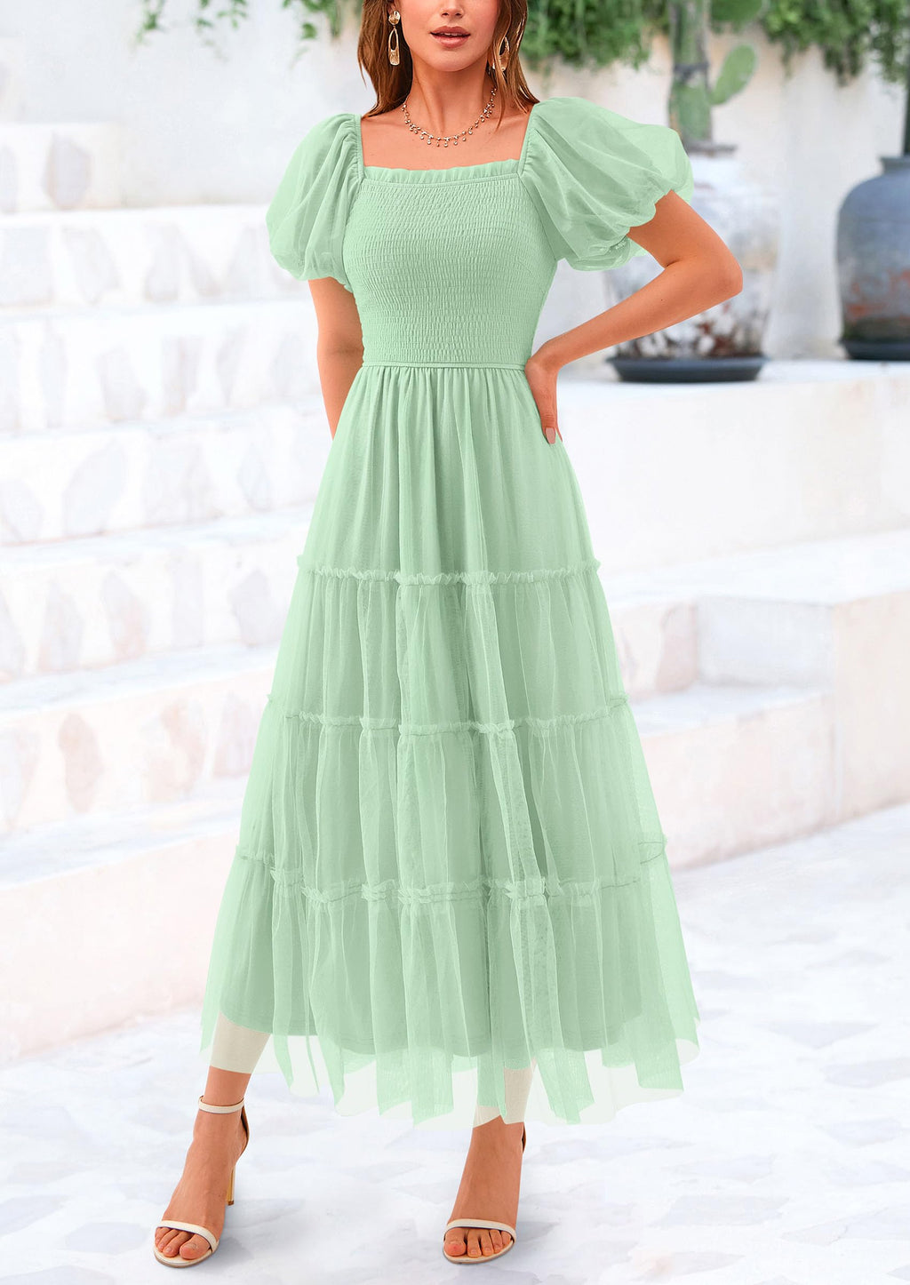 PRETTYGARDEN Women's Smocked Midi Tulle Dress  Summer Puffy Short Sleeve Square Neck Ruffle Wedding Guest Party Dresses