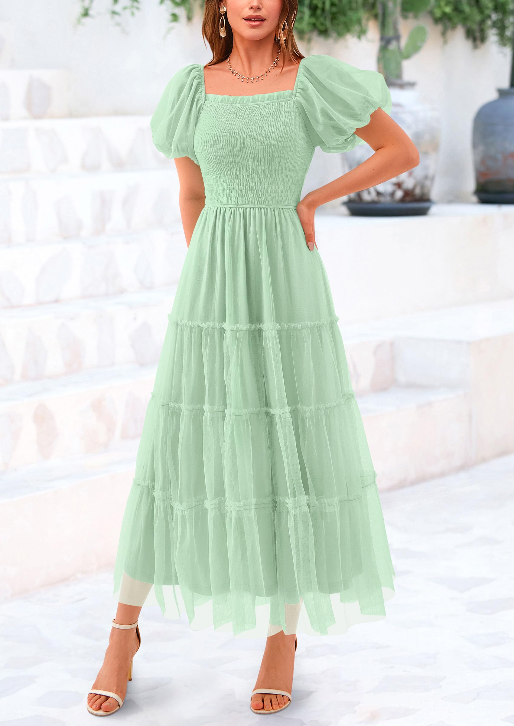 PRETTYGARDEN Women's Smocked Midi Tulle Dress  Summer Puffy Short Sleeve Square Neck Ruffle Wedding Guest Party Dresses