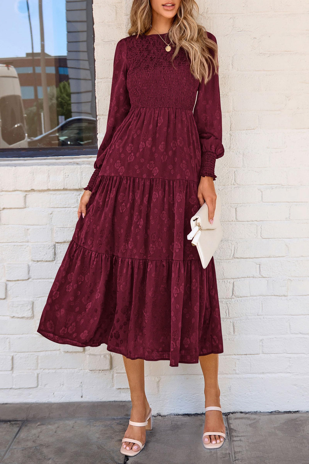 PRETTYGARDEN Women's Fall Spring Midi Dress Long Sleeve Floral Smocked Elegant Wedding Guest Long Flowy Dresses with Pockets