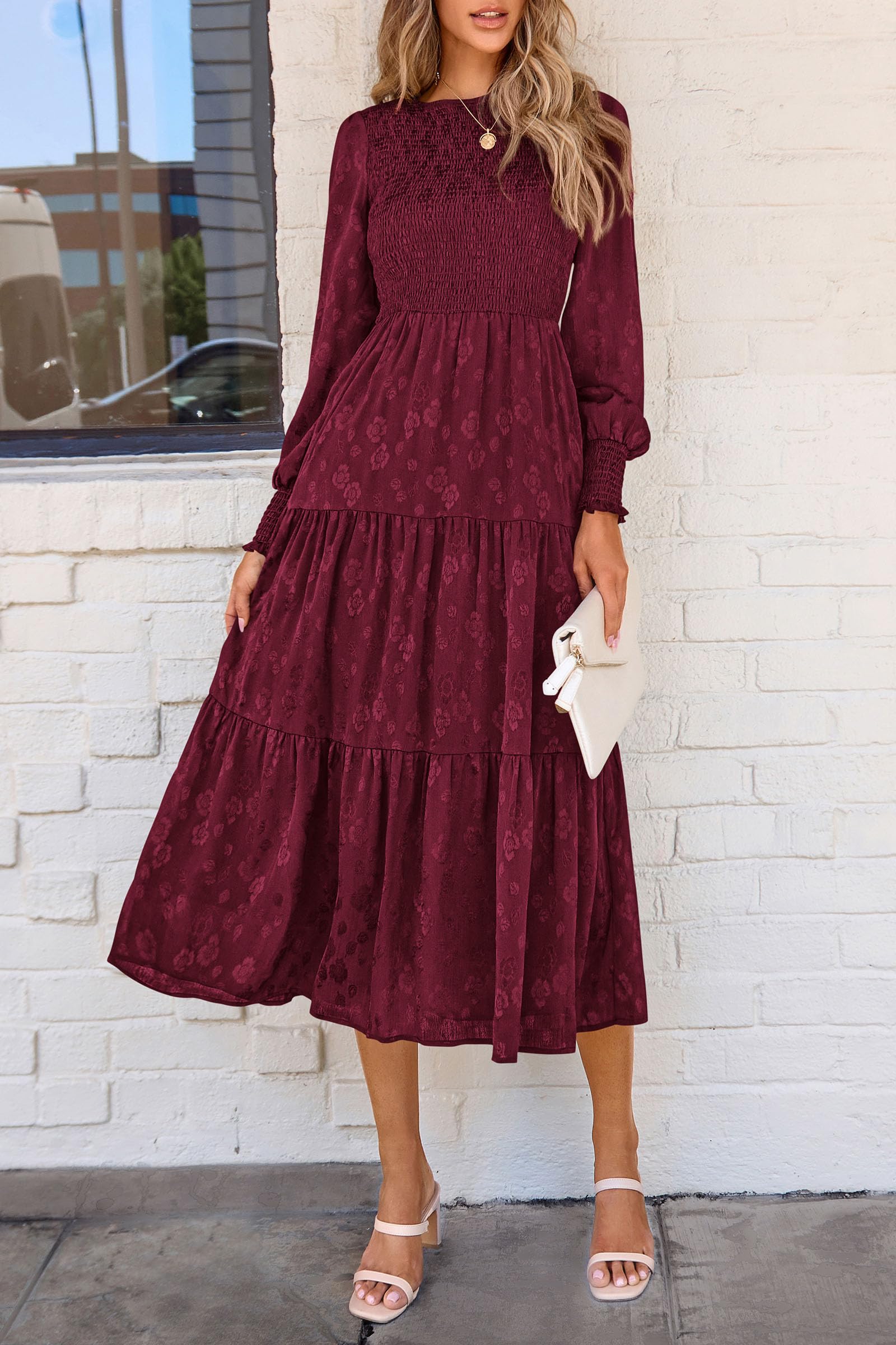 PRETTYGARDEN Women's Fall Spring Midi Dress Long Sleeve Floral Smocked Elegant Wedding Guest Long Flowy Dresses with Pockets