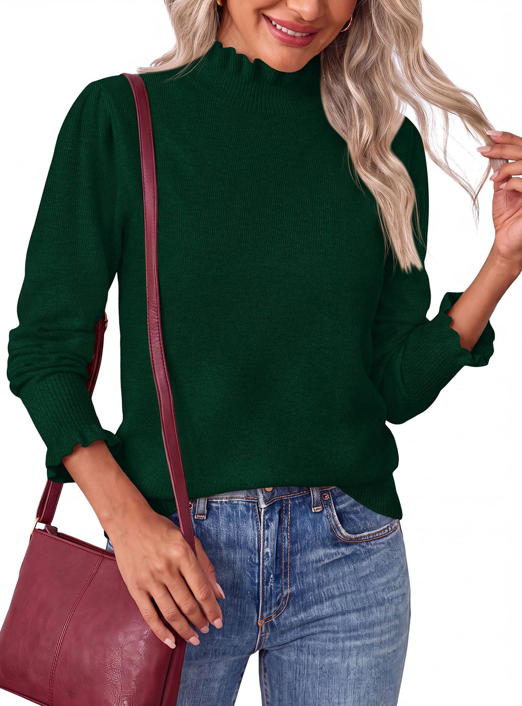 PRETTYGARDEN Women's Fall Cozy Sweaters Trendy Ruffle Mock Neck Pullover Soft Stretchy Warm, Ribbed Knit, Cute Tops, Puff Long Sleeve Blouses, Dressy Casual Shirts,Winter Clothing