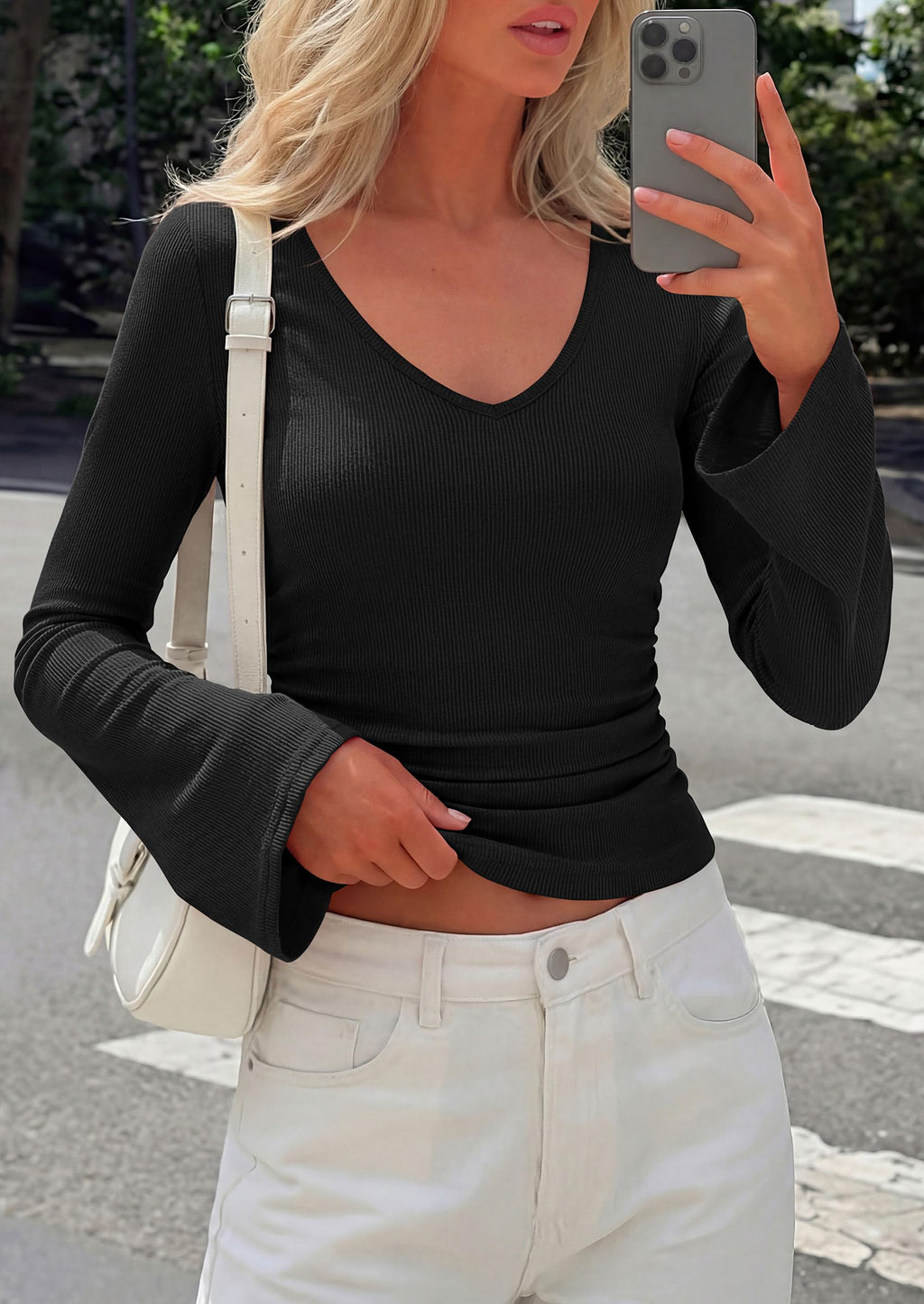 PRETTYGARDEN Women's Fall Trendy Bell Long Sleeve Tops | Soft Stretchy,Ribbed Textured,V Neck,Slim Fitted Shirts,Ruched Basic Tees,Y2K Going Out,Casual Outfits,Fashion Clothing