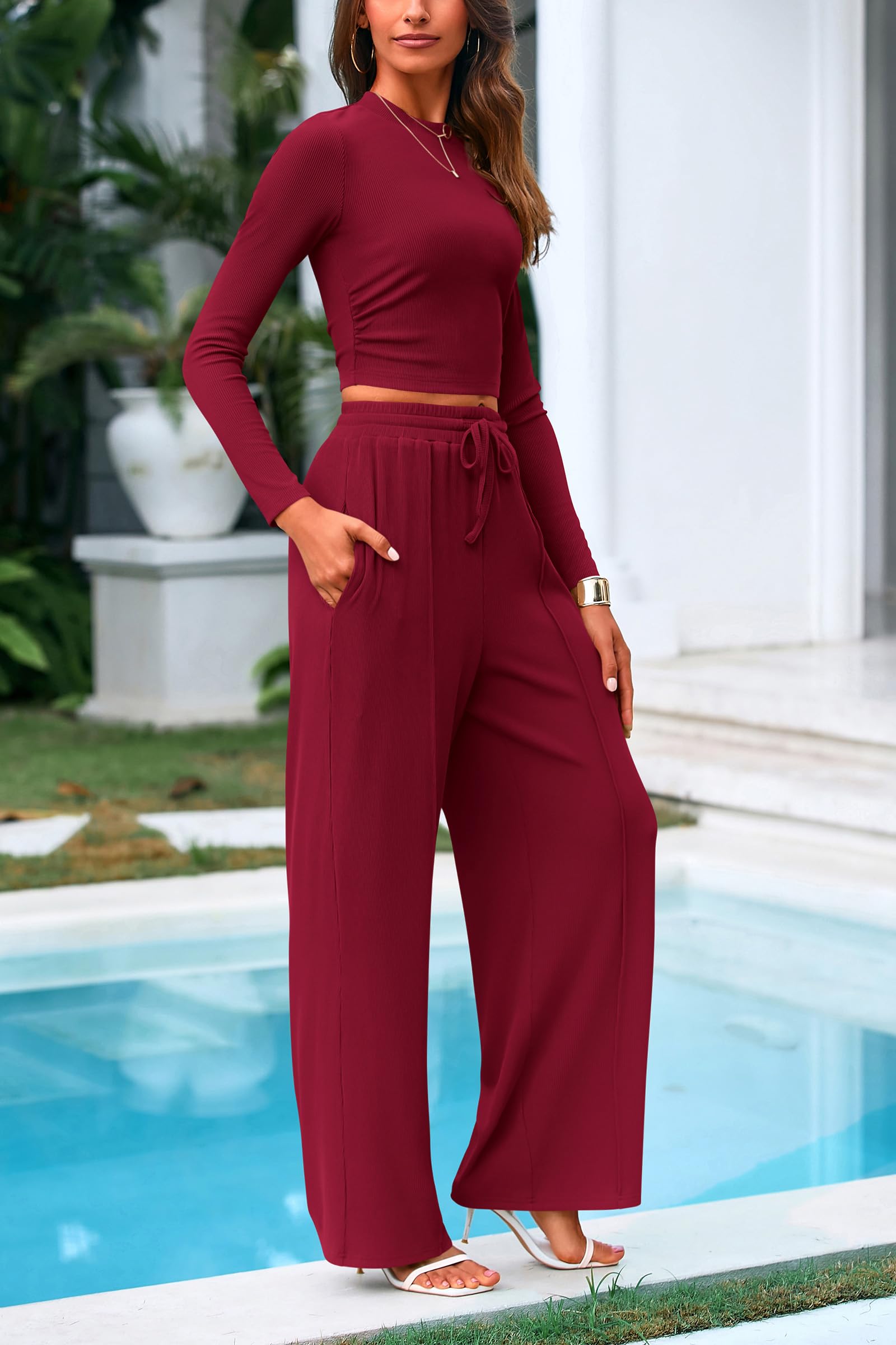 PRETTYGARDEN Women's 2 Piece Loungewear Long Sleeve Crop Top Wide Leg Palazzo Pants Set Tracksuits Casual Outfit
