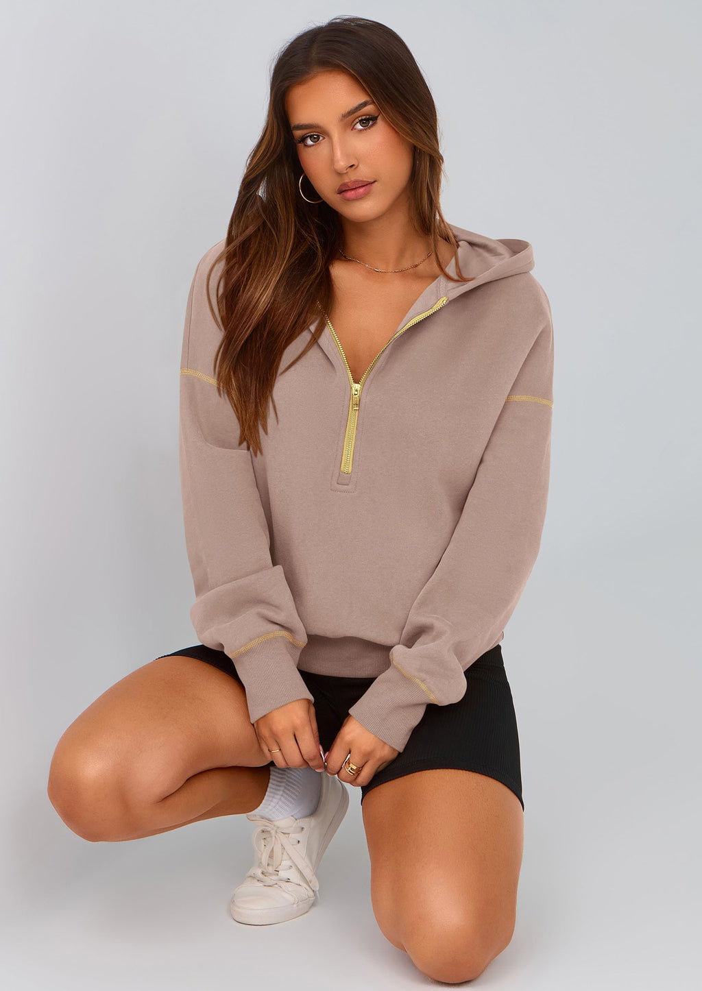 PRETTYGARDEN Women's  Fall Hooded Sweatshirts Long Sleeve Half Zip Cropped Hoodies Pullover Winter Fashion Clothes