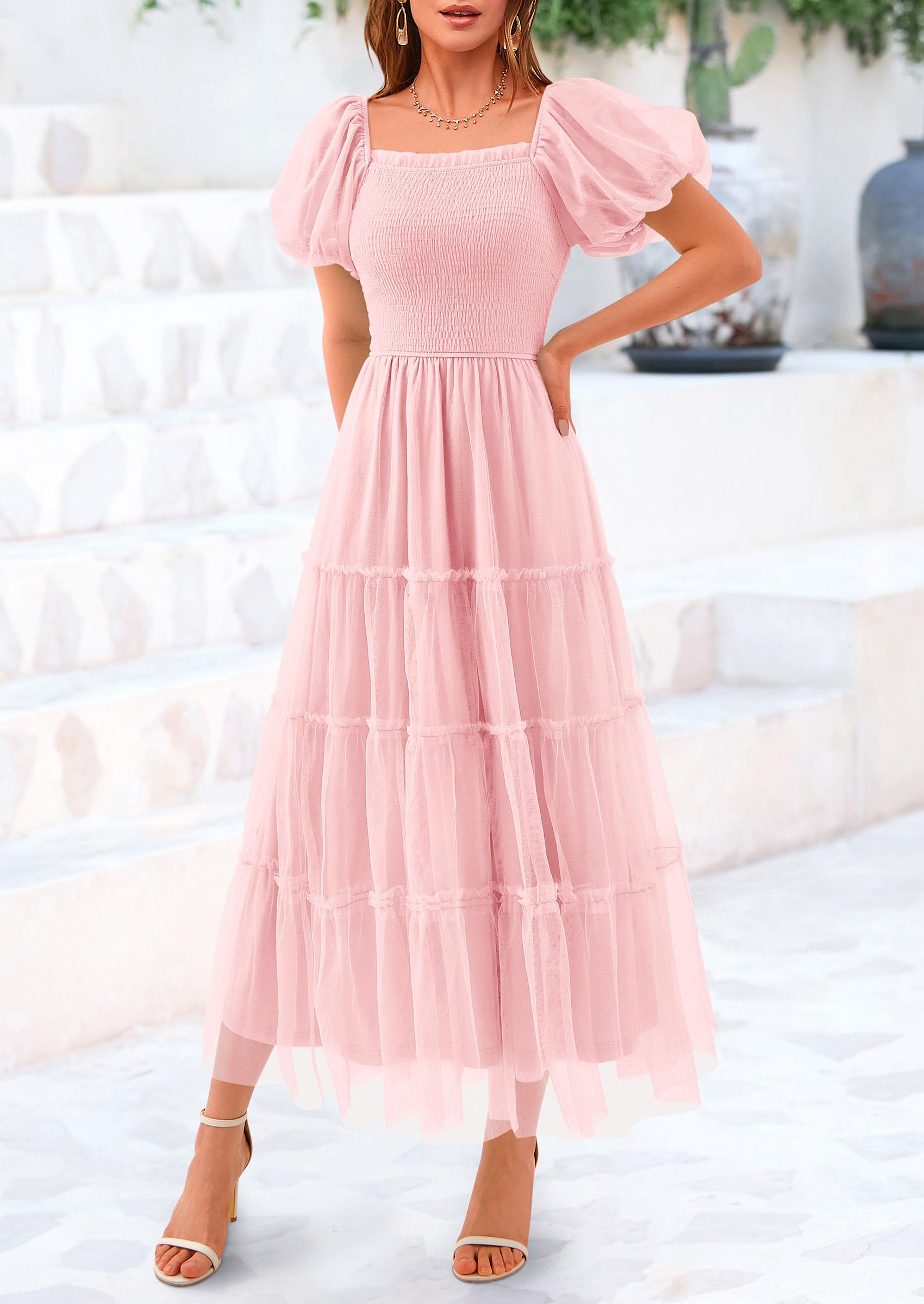 PRETTYGARDEN Women's Smocked Midi Tulle Dress  Summer Puffy Short Sleeve Square Neck Ruffle Wedding Guest Party Dresses