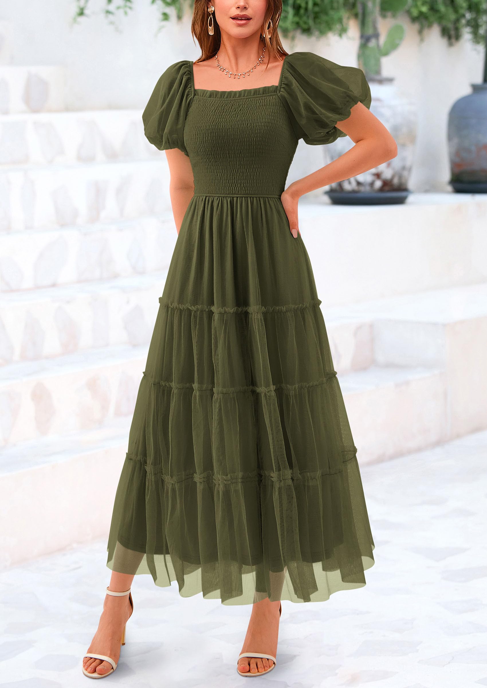 PRETTYGARDEN Women's Smocked Midi Tulle Dress  Summer Puffy Short Sleeve Square Neck Ruffle Wedding Guest Party Dresses