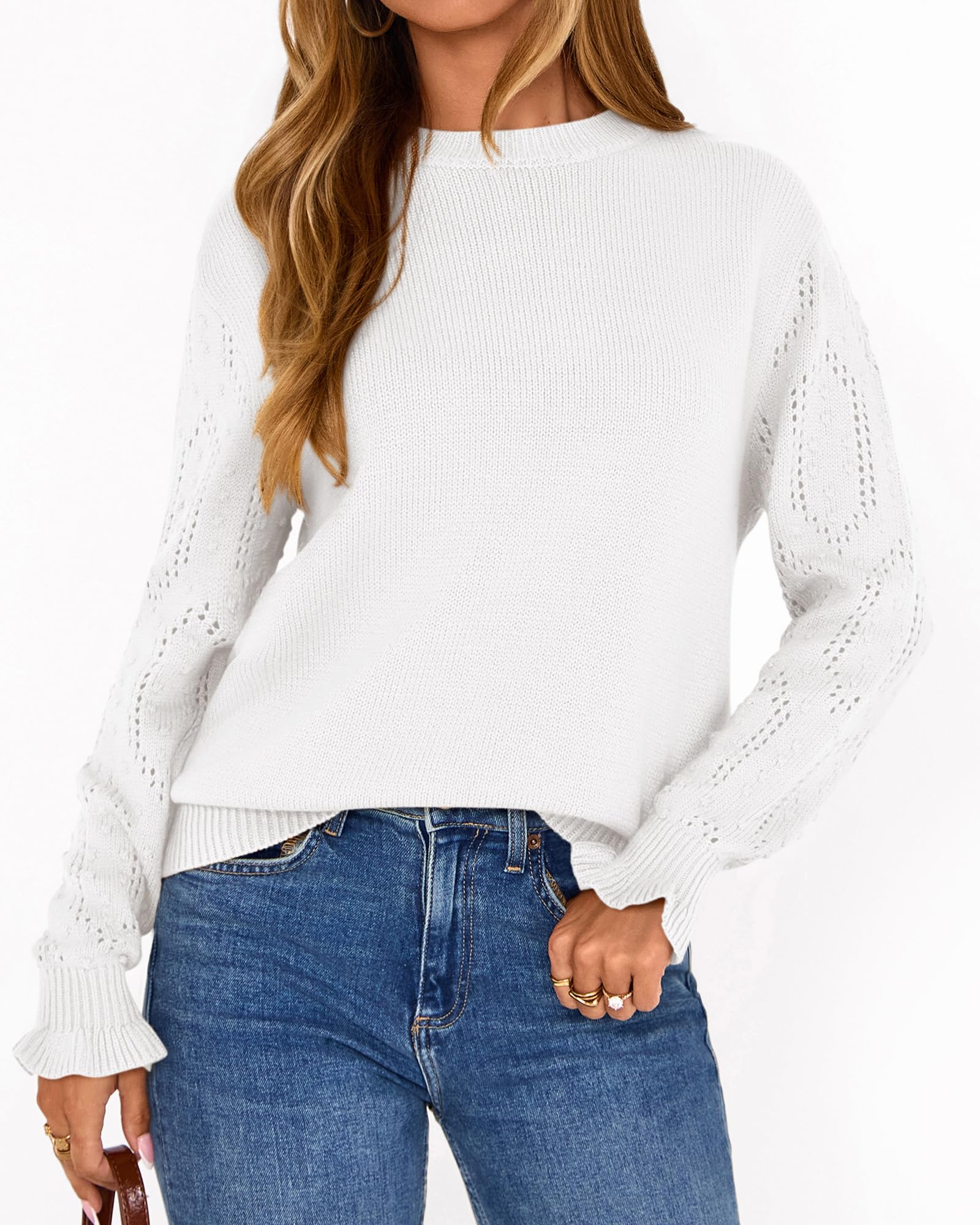 BTFBM Fall Sweaters for Women Crew Neck Long Sleeve Hollow Out Swiss Dot Knit Casual Pullover Tops Fashion Clothing