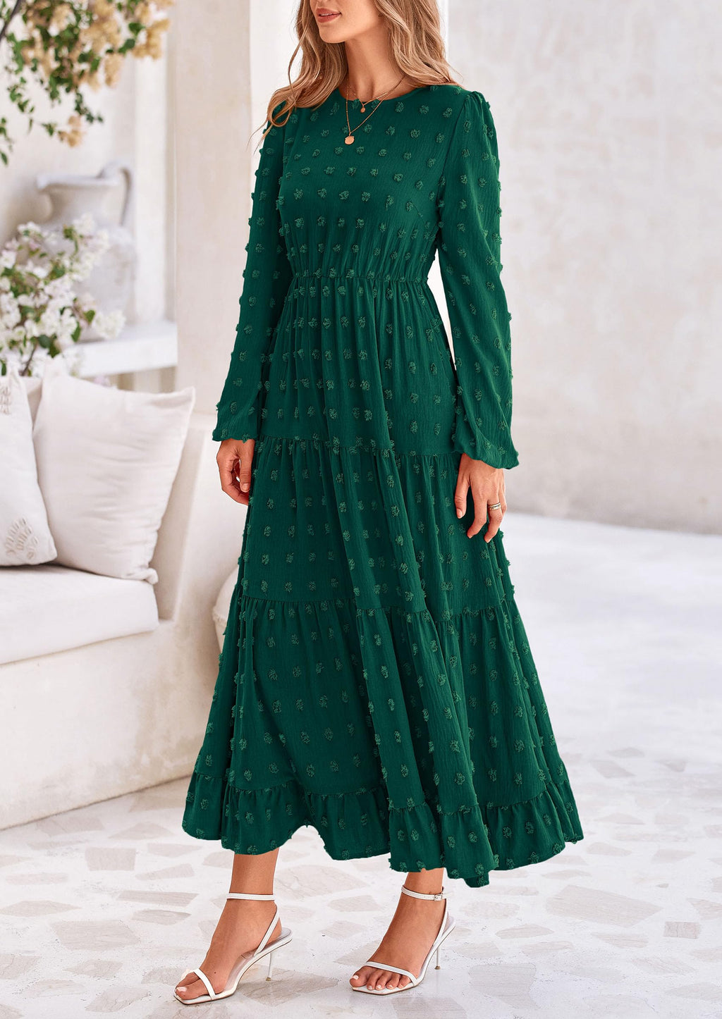 PRETTYGARDEN Women's Fall Spring Elegant Long Sleeve Maxi Dress Swiss Dot A Line Flowy Casual Holiday Party Going Out Dresses