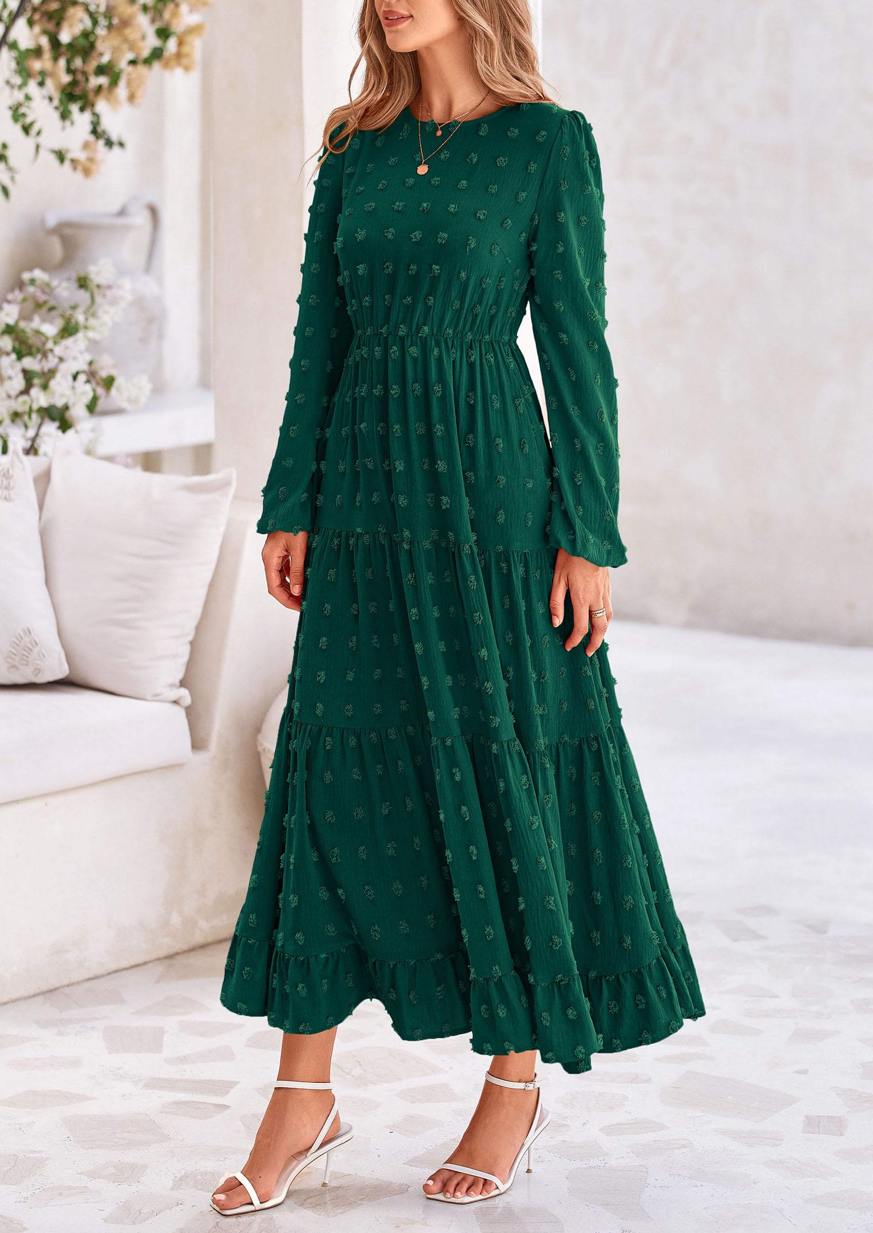 PRETTYGARDEN Women's Fall Spring Elegant Long Sleeve Maxi Dress Swiss Dot A Line Flowy Casual Holiday Party Going Out Dresses