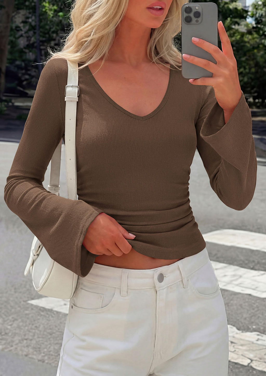 PRETTYGARDEN Women's Fall Trendy Bell Long Sleeve Tops | Soft Stretchy,Ribbed Textured,V Neck,Slim Fitted Shirts,Ruched Basic Tees,Y2K Going Out,Casual Outfits,Fashion Clothing