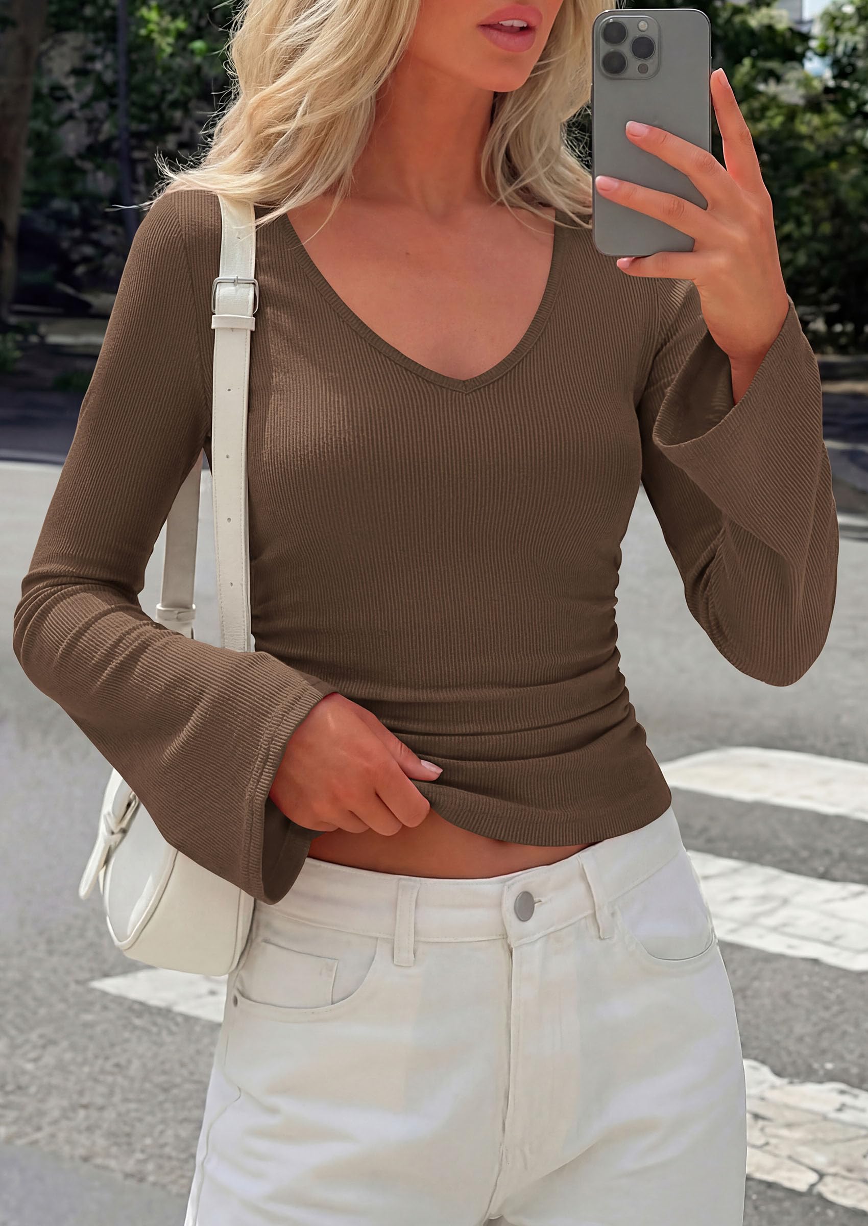 PRETTYGARDEN Women's Fall Trendy Bell Long Sleeve Tops | Soft Stretchy,Ribbed Textured,V Neck,Slim Fitted Shirts,Ruched Basic Tees,Y2K Going Out,Casual Outfits,Fashion Clothing