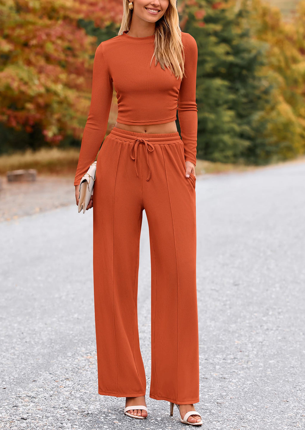 PRETTYGARDEN Women's 2 Piece Loungewear Long Sleeve Crop Top Wide Leg Palazzo Pants Set Tracksuits Casual Outfit