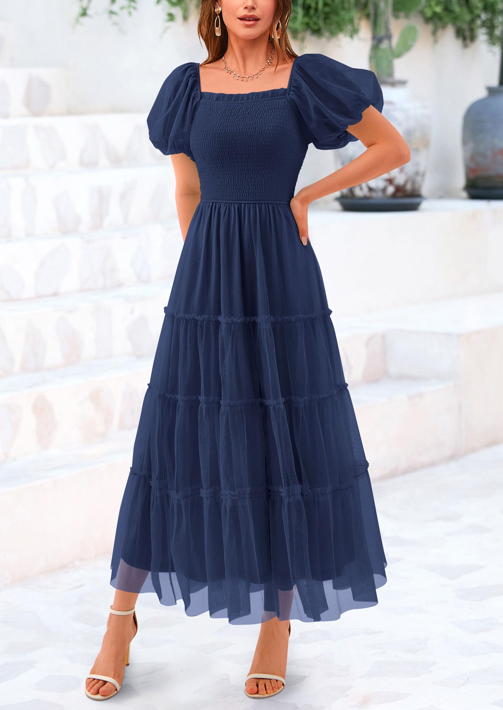 PRETTYGARDEN Women's Smocked Midi Tulle Dress  Summer Puffy Short Sleeve Square Neck Ruffle Wedding Guest Party Dresses