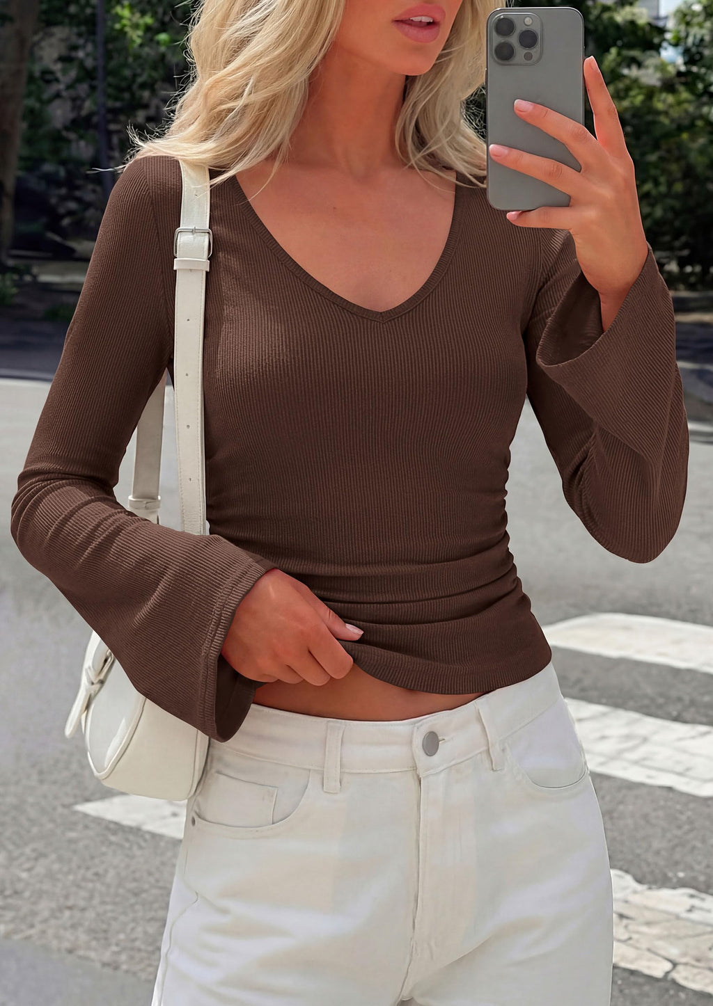 PRETTYGARDEN Women's Fall Trendy Bell Long Sleeve Tops | Soft Stretchy,Ribbed Textured,V Neck,Slim Fitted Shirts,Ruched Basic Tees,Y2K Going Out,Casual Outfits,Fashion Clothing