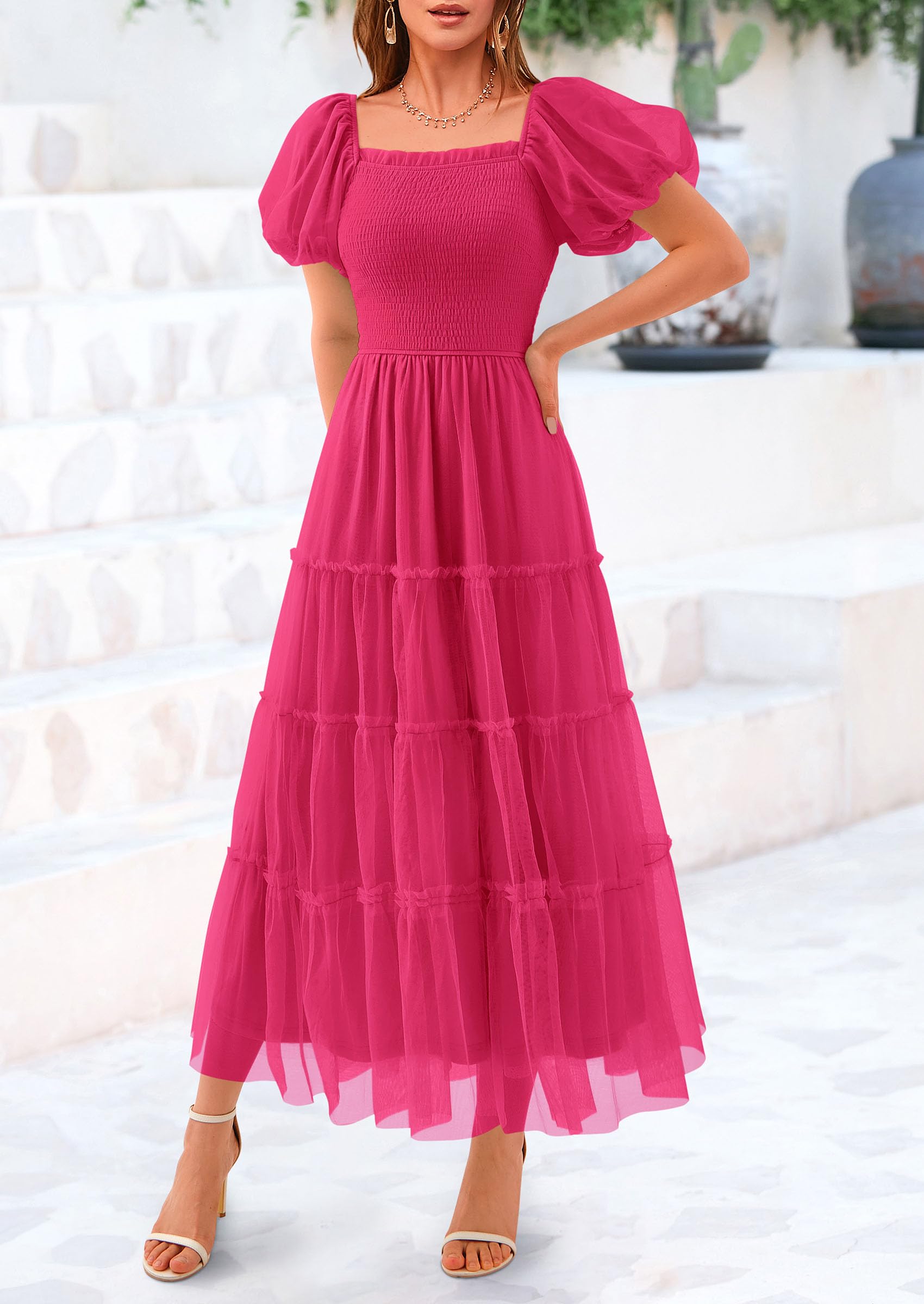 PRETTYGARDEN Women's Smocked Midi Tulle Dress  Summer Puffy Short Sleeve Square Neck Ruffle Wedding Guest Party Dresses