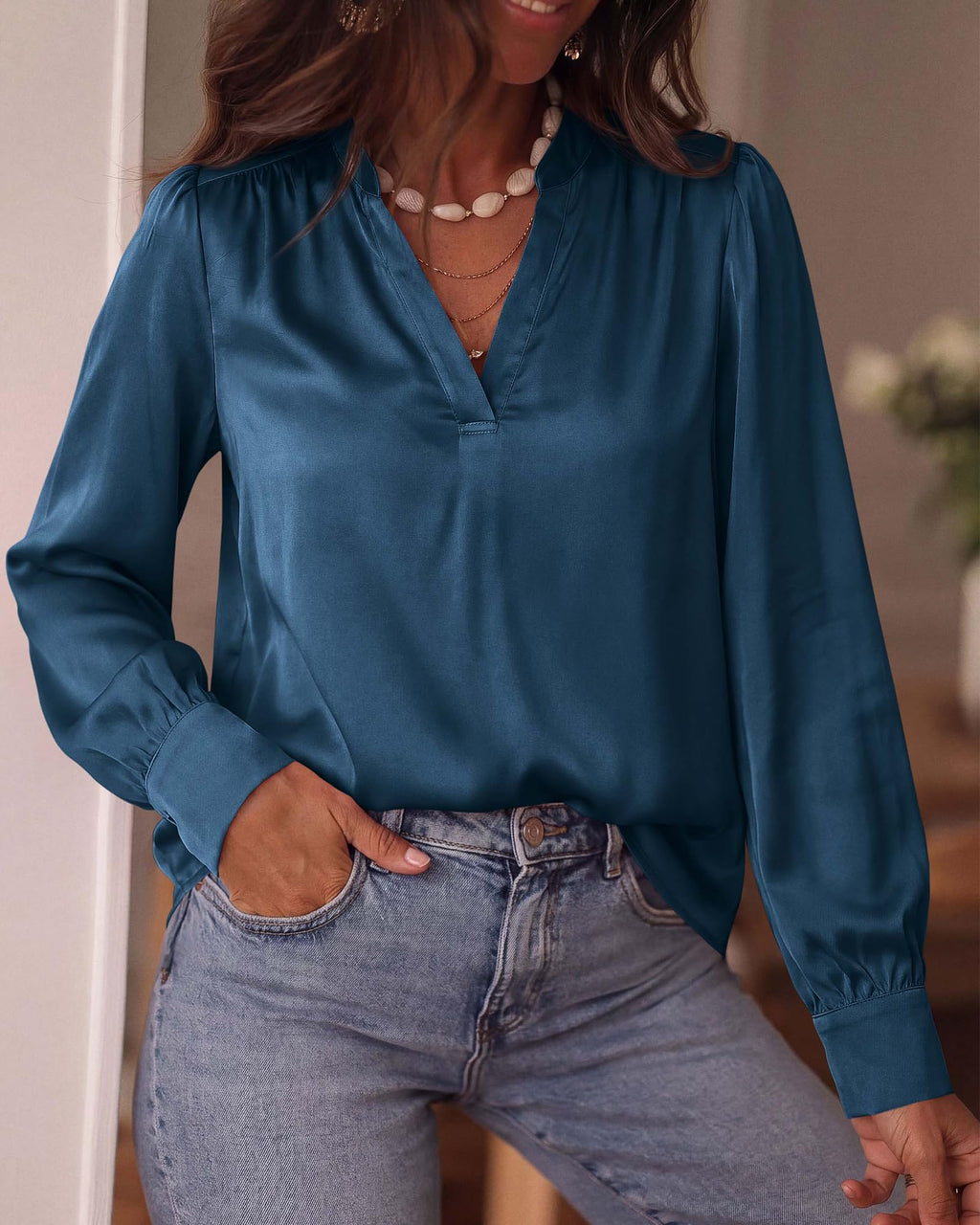 BTFBM Satin Blouses for Women Dressy Casual | Lightweight,V Neck,Long Sleeve Tops,Going Out Outfits,Fall Fashion Clothing