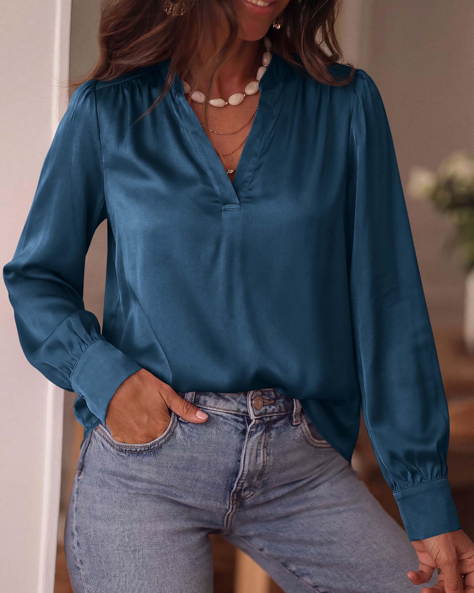 BTFBM Satin Blouses for Women Dressy Casual | Lightweight,V Neck,Long Sleeve Tops,Going Out Outfits,Fall Fashion Clothing