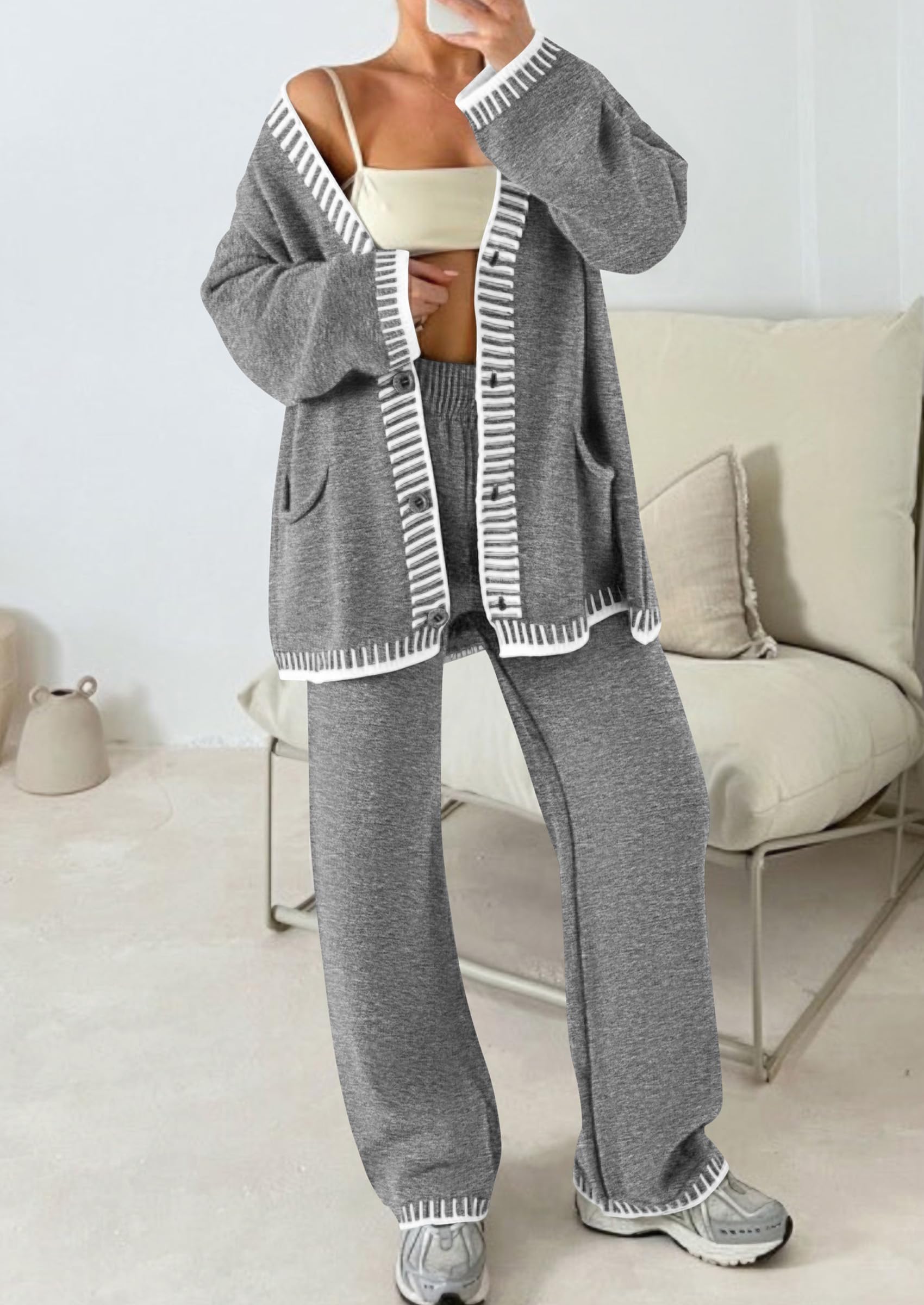 PRETTYGARDEN Lounge Sets for Women Fall Loungewear 2 Piece Outfits Cardigan Sweaters Track Suit Matching Winter Clothing