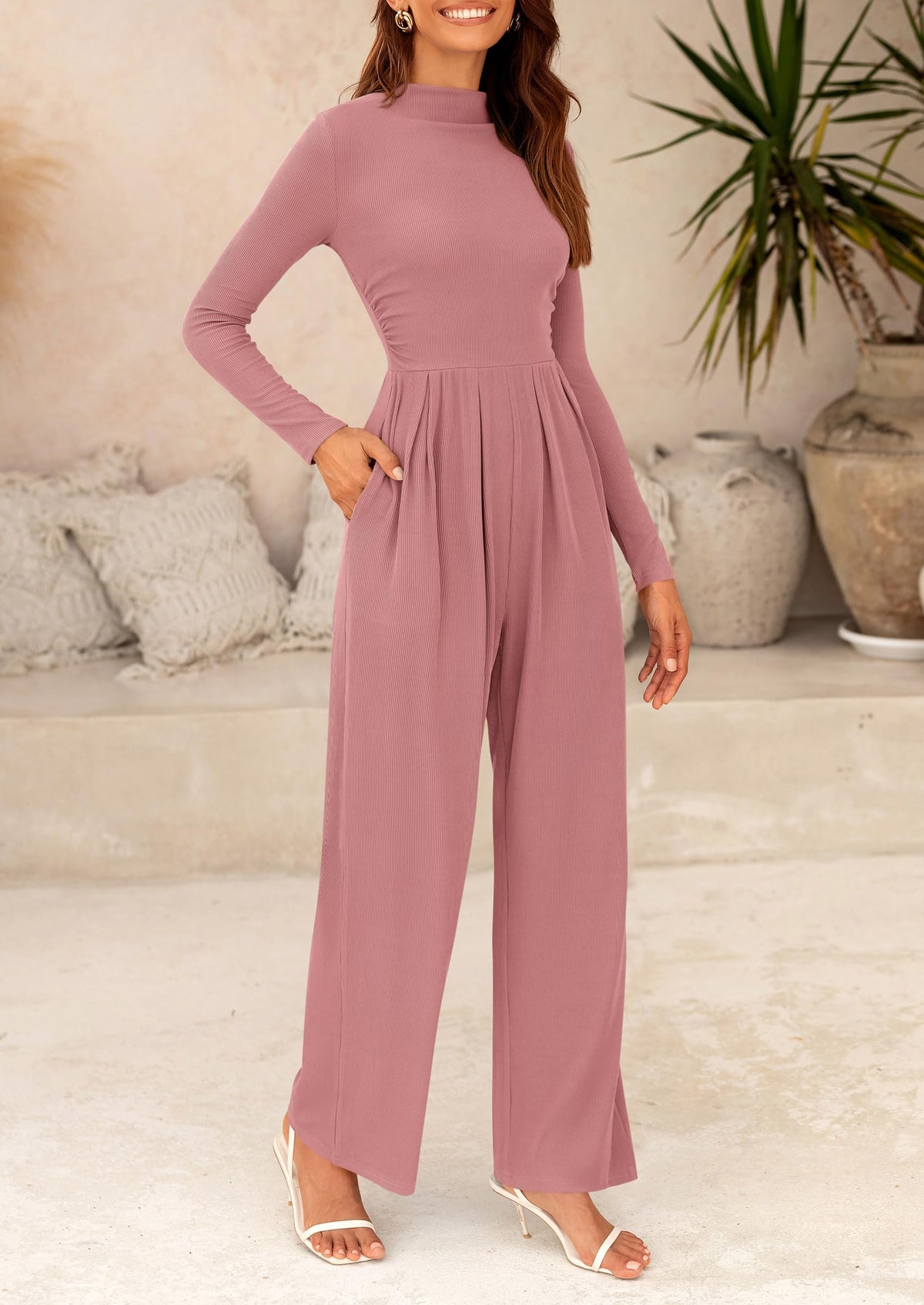 PRETTYGARDEN Womens Jumpsuit Dressy Casual Spring Fall Fashion One Piece Outfits Long Sleeve Mock Neck Wide Leg Pants Rompers