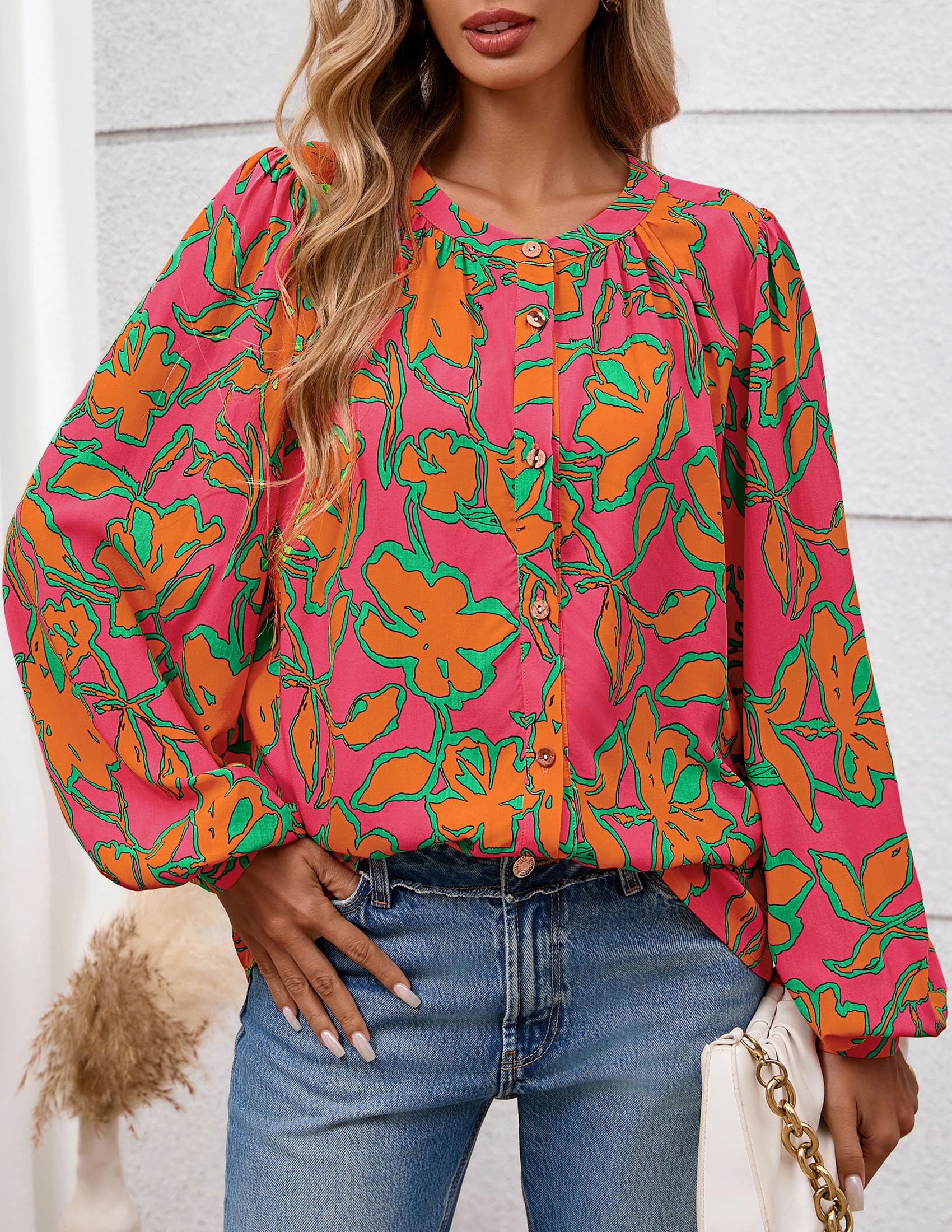 PRETTYGARDEN Women's Floral Button Down Blouse Fall Fashion Dressy Casual Long Sleeve Oversized Shirts Top Boho Clothes