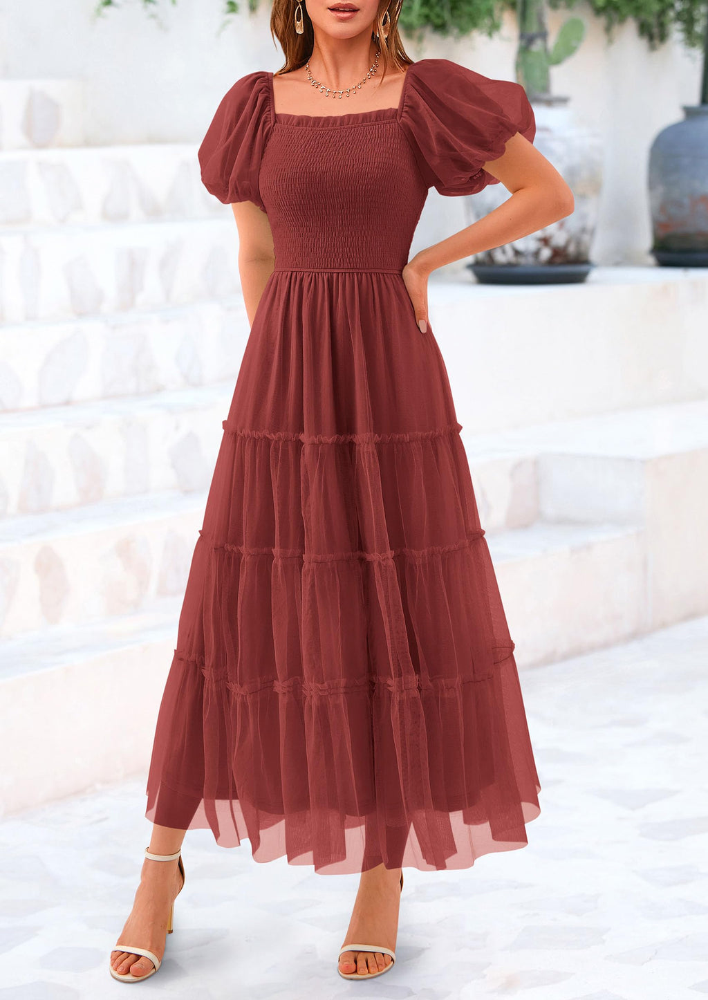 PRETTYGARDEN Women's Smocked Midi Tulle Dress  Summer Puffy Short Sleeve Square Neck Ruffle Wedding Guest Party Dresses