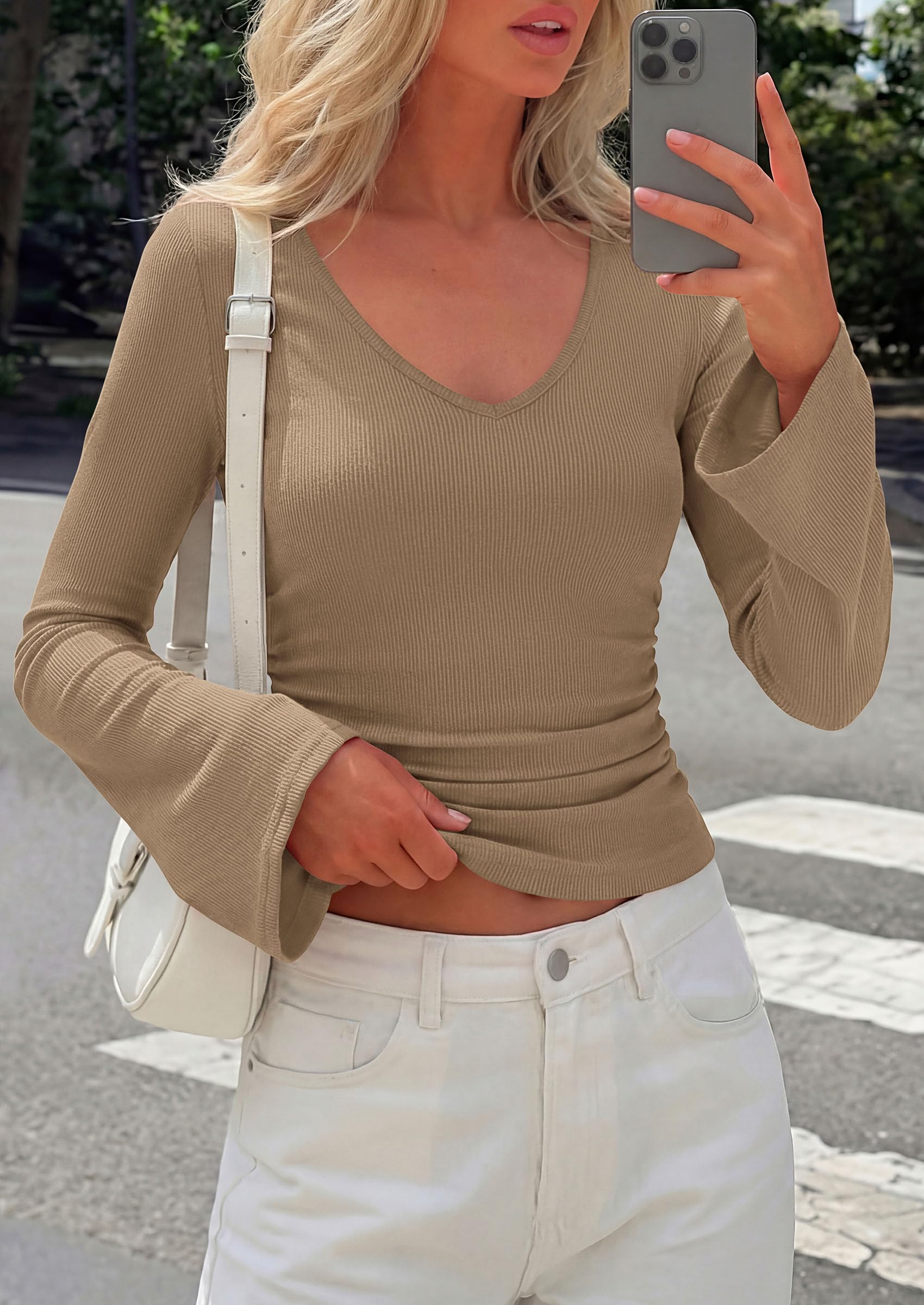 PRETTYGARDEN Women's Fall Trendy Bell Long Sleeve Tops | Soft Stretchy,Ribbed Textured,V Neck,Slim Fitted Shirts,Ruched Basic Tees,Y2K Going Out,Casual Outfits,Fashion Clothing