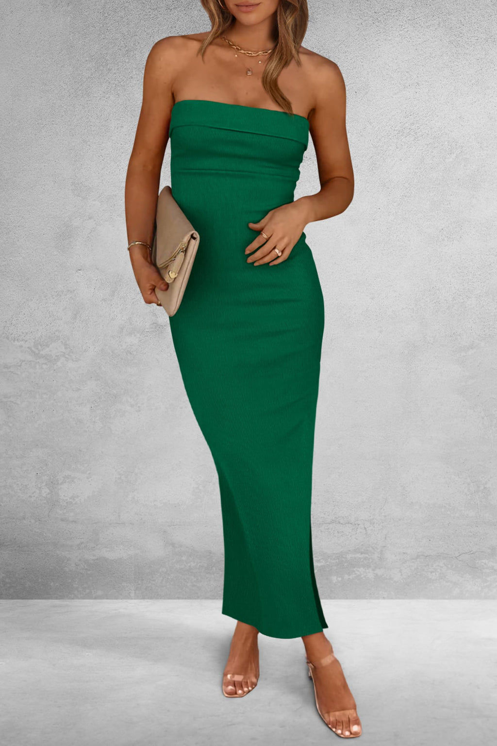 PRETTYGARDEN Women's Summer Bodycon Maxi Tube Dress Ribbed Strapless Side Slit Long Going Out Casual Elegant Party Dresses