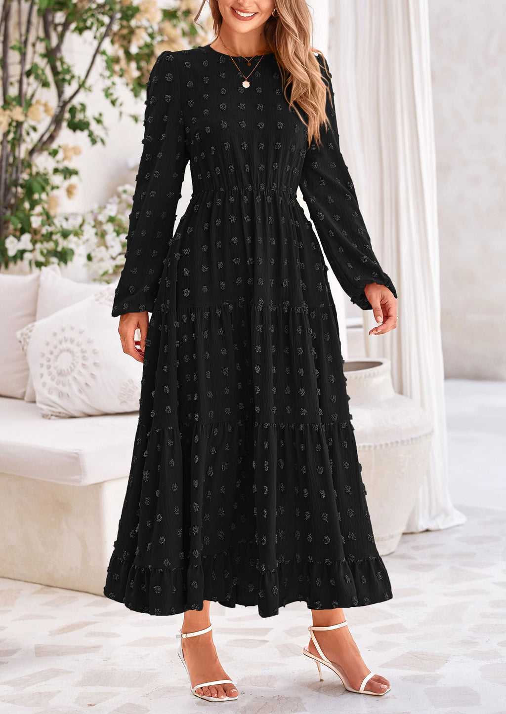 PRETTYGARDEN Women's Fall Spring Elegant Long Sleeve Maxi Dress Swiss Dot A Line Flowy Casual Holiday Party Going Out Dresses