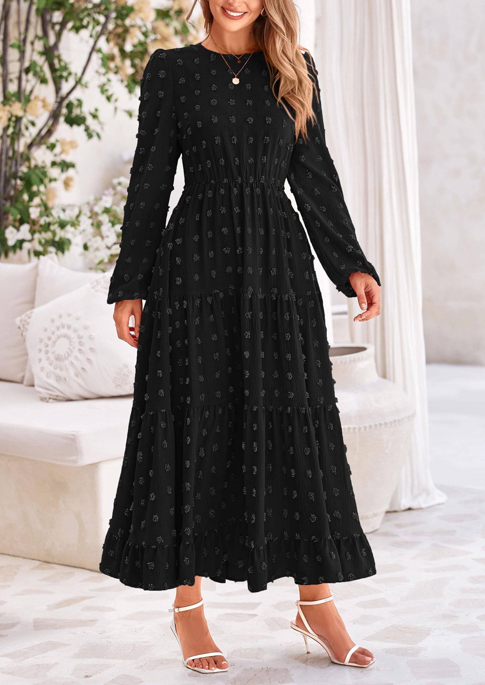 PRETTYGARDEN Women's Fall Spring Elegant Long Sleeve Maxi Dress Swiss Dot A Line Flowy Casual Holiday Party Going Out Dresses