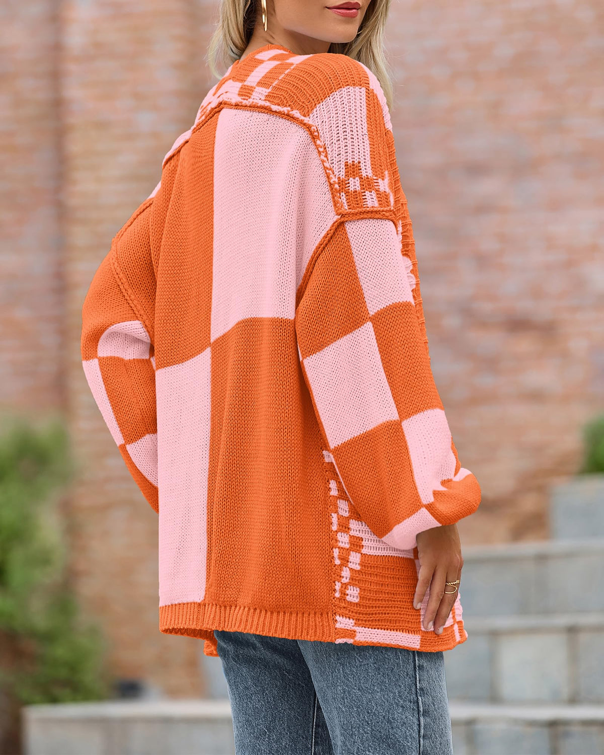 BTFBM Casual Cardigan Sweater for Women Fall Long Sleeve Sweaters Fall Outfits, Loose Fit,Solid,Open Front Chunky Knit Sweaters,Chunky Cardigan Sweaters For Women,Checkered Outwear Coat