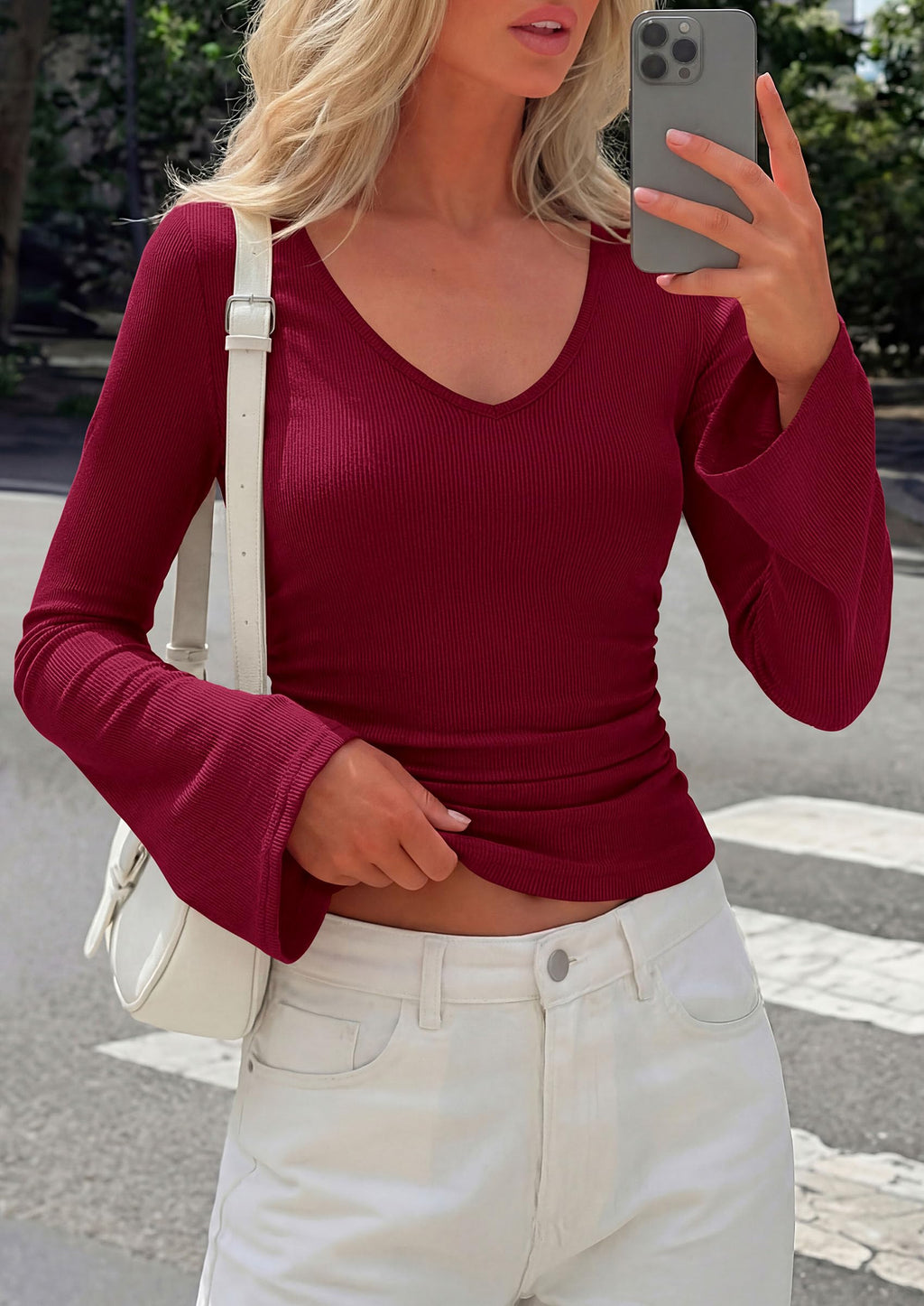 PRETTYGARDEN Women's Fall Trendy Bell Long Sleeve Tops | Soft Stretchy,Ribbed Textured,V Neck,Slim Fitted Shirts,Ruched Basic Tees,Y2K Going Out,Casual Outfits,Fashion Clothing