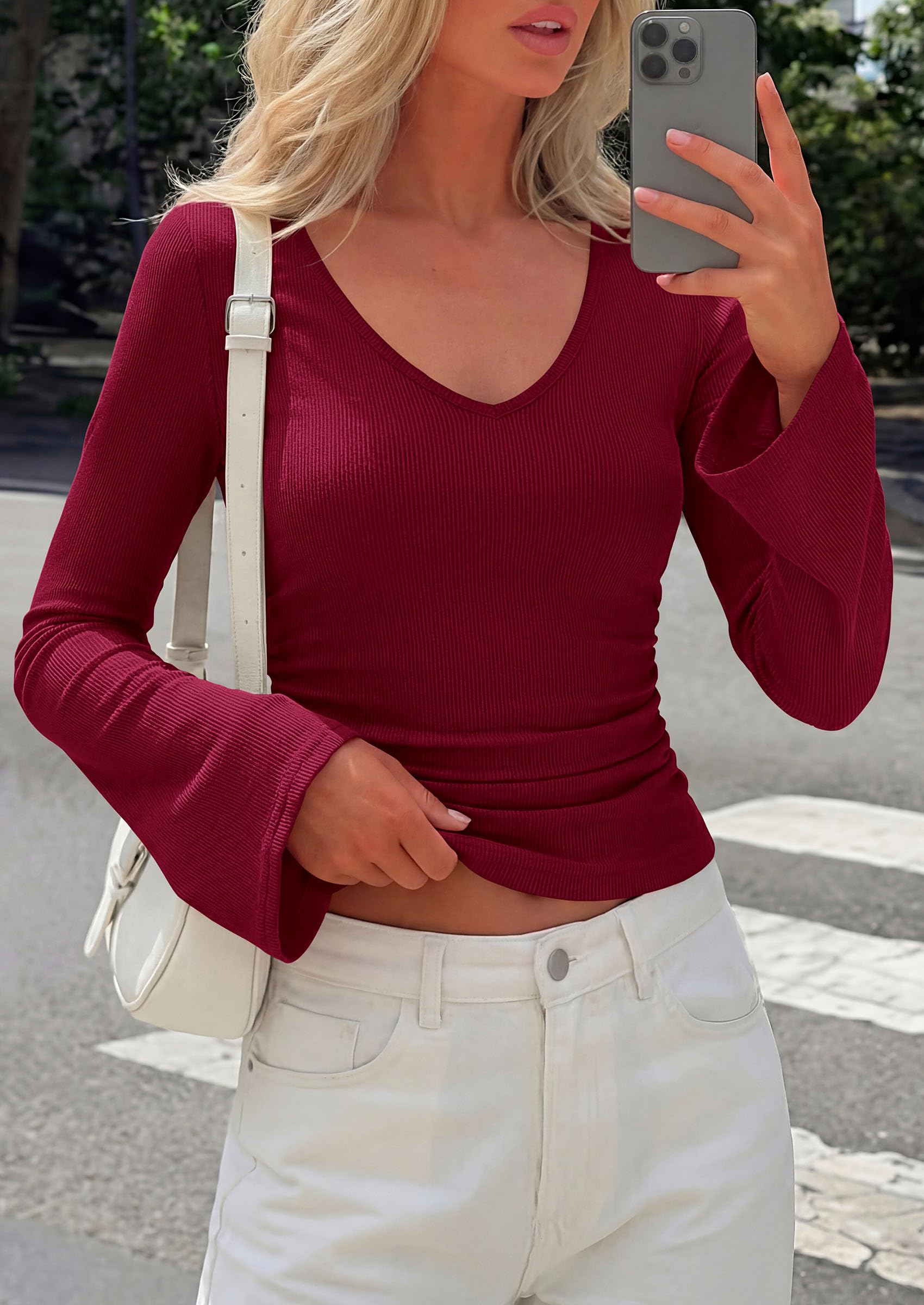 PRETTYGARDEN Women's Fall Trendy Bell Long Sleeve Tops | Soft Stretchy,Ribbed Textured,V Neck,Slim Fitted Shirts,Ruched Basic Tees,Y2K Going Out,Casual Outfits,Fashion Clothing