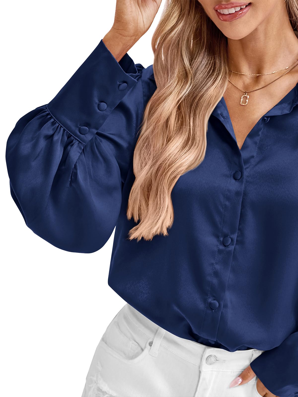 BTFBM Women Satin Blouses Summer Fall Clothes Button Down Lantern Long Sleeve Shirts Work Business Casual Dressy Tops