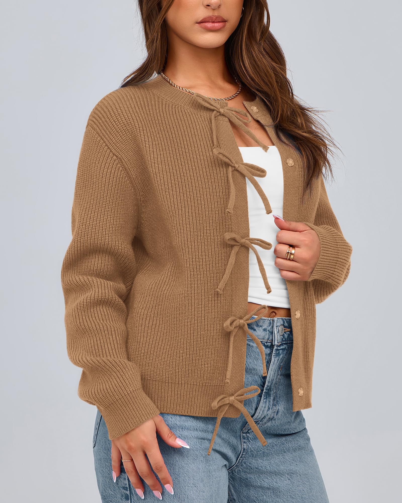 BTFBM Bow Cropped Cardigan Sweaters for Women Fall Winter Open Front Sweater Long Sleeve Button Fashion Spring Clothes